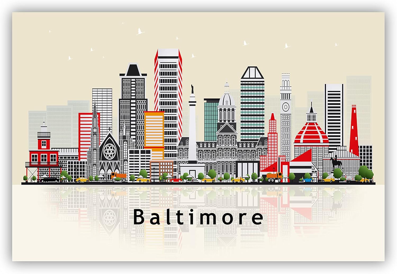 Pera Print BALTIMORE Maryland Poster, BALTIMORE Illustration Skyline City Poster, Modern Skyline State Poster, Cityscape and Landmark Print, Home-Office Wall Art Decoration - 24x36 Inches