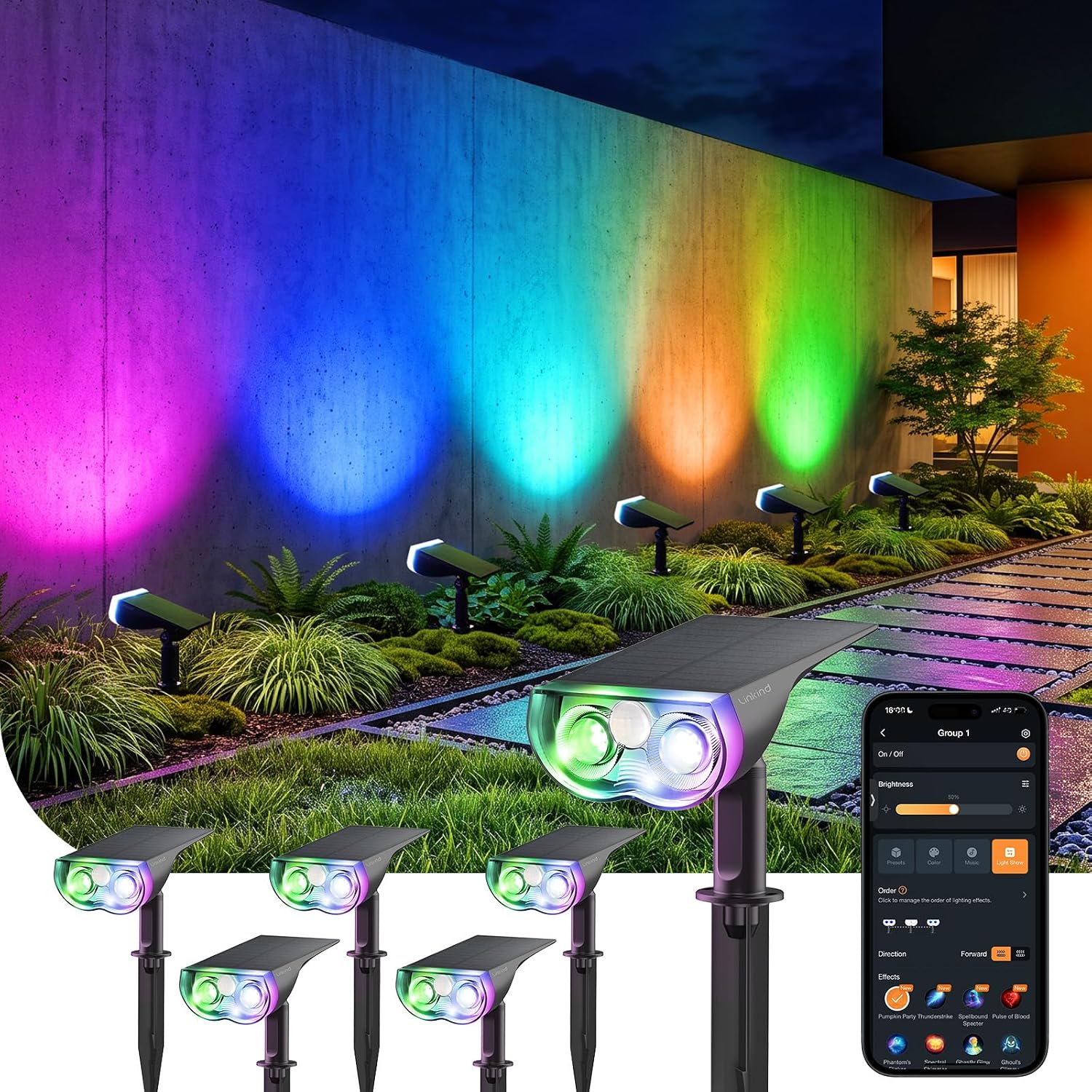 Linkind Smart Solar Motion Spotlights SL5 Upgraded,APP Control Solar Lights | IP65 Waterproof Solar Lights Outdoor,Music Sync,43 Preset Scenes,Color Changing Solar Powered Spotlights for Yard,Garden