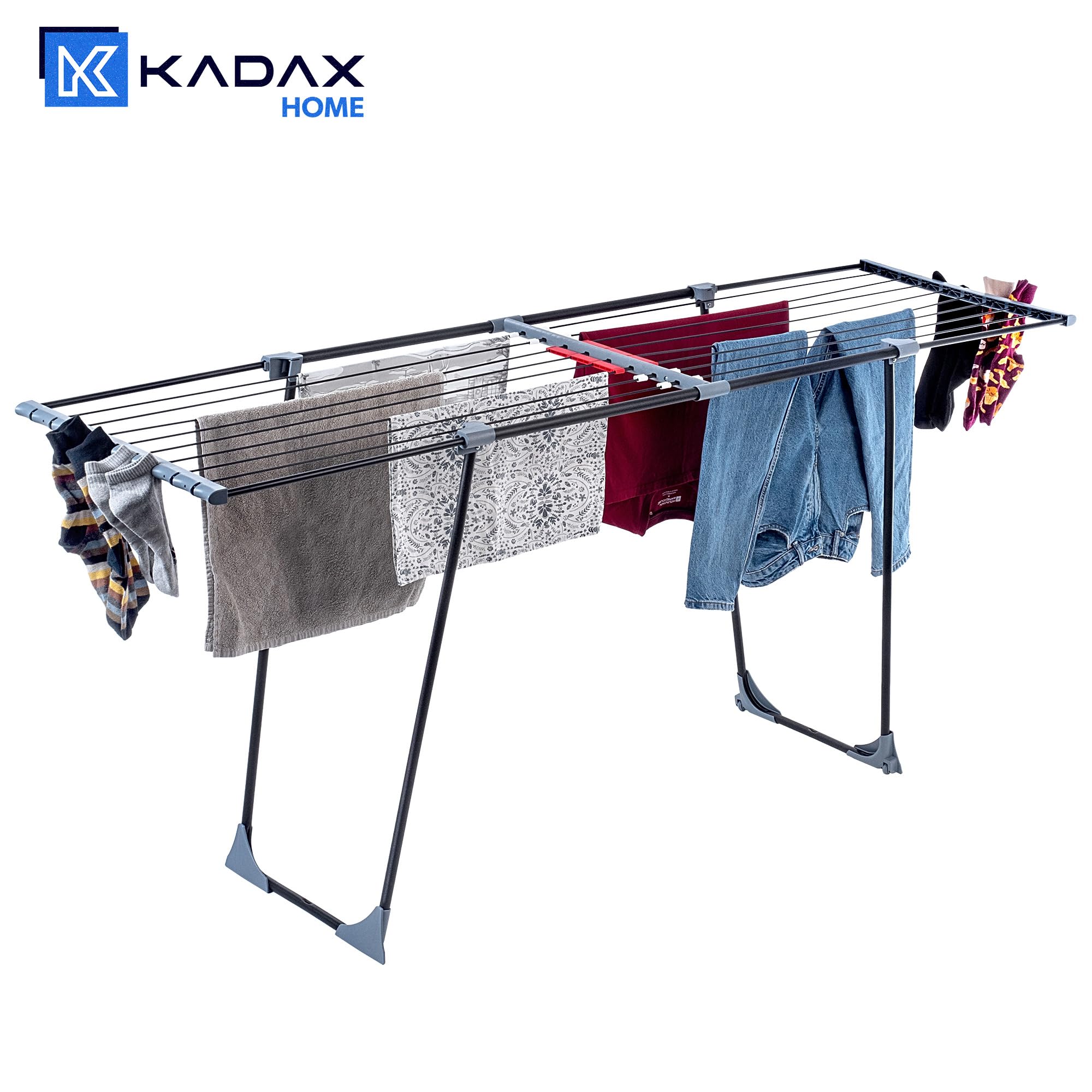 KADAX Stendibiancheria Estensibile in Acciaio, Stendino Allungabile e Pieghevole da Pavimento con Piedi Antiscivolo per Utilizzo Interno ed Esterno (Nero)