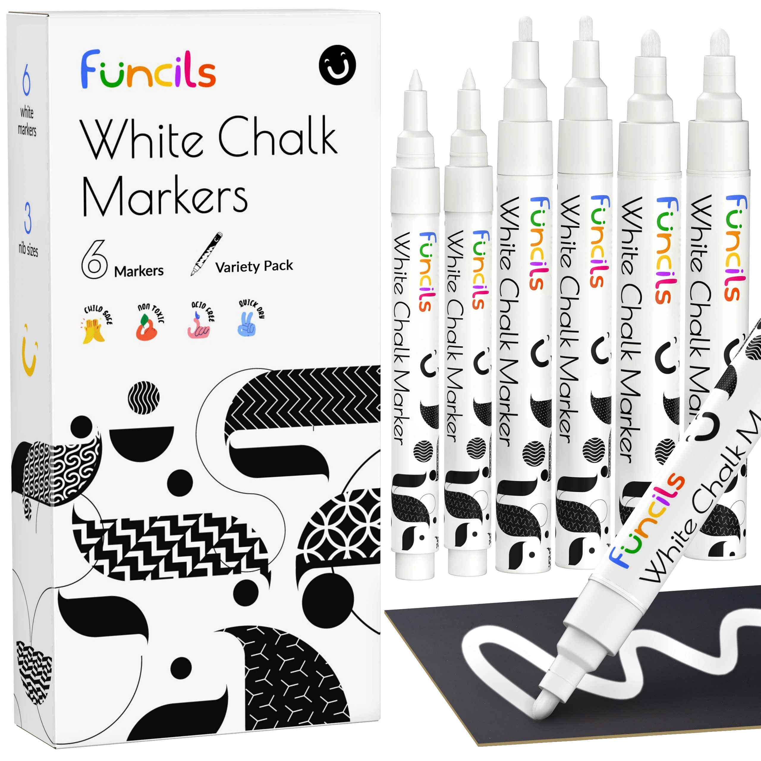 Funcils White Chalk Pens for Blackboards, Window, Glass, Board, Car & Chalkboard Pens - Variety Pack of 6 - (2x) 1mm Extra Fine, 3mm Fine & 6mm Bold Tip - Wipeable White Dry Erase Liquid Chalk Markers