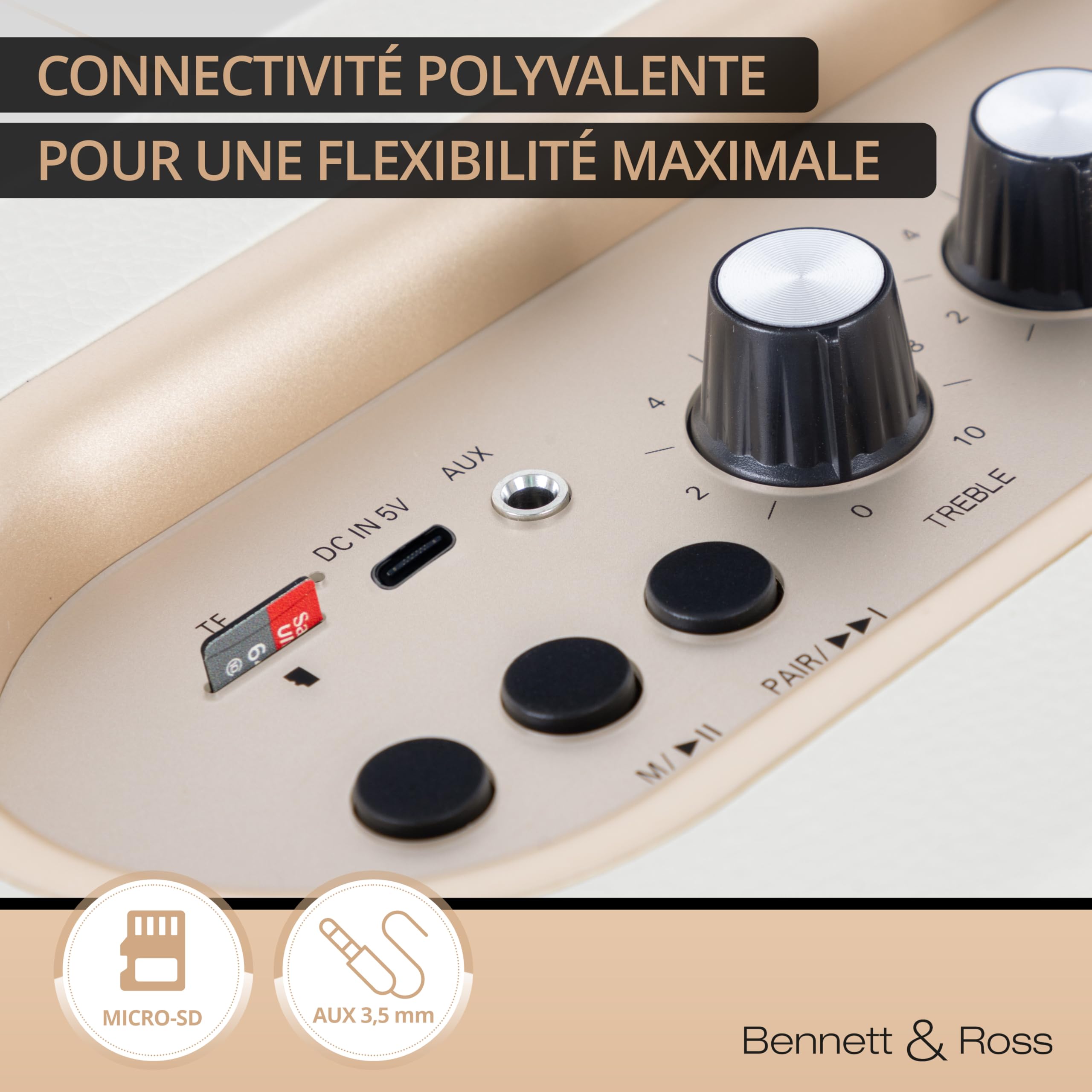 Bennett & Ross BB-820CW Blackmore Junior - Haut-Parleur Bluetooth rétro en Cuir avec accu 5200 mAh - Haut-Parleur Vintage avec 20W - Entrée MicroSD avec Lecteur MP3 - Aux-in - Enceinte Blanc créme