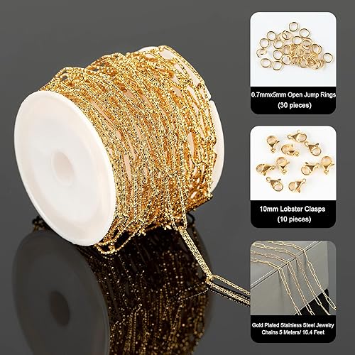 Miniatura 2 de YOUBEIYEE Cadena de acero inoxidable de 16.4 pies para hacer joyas, cadenas chapadas en oro con clip en relieve, a granel con anillos de salto y