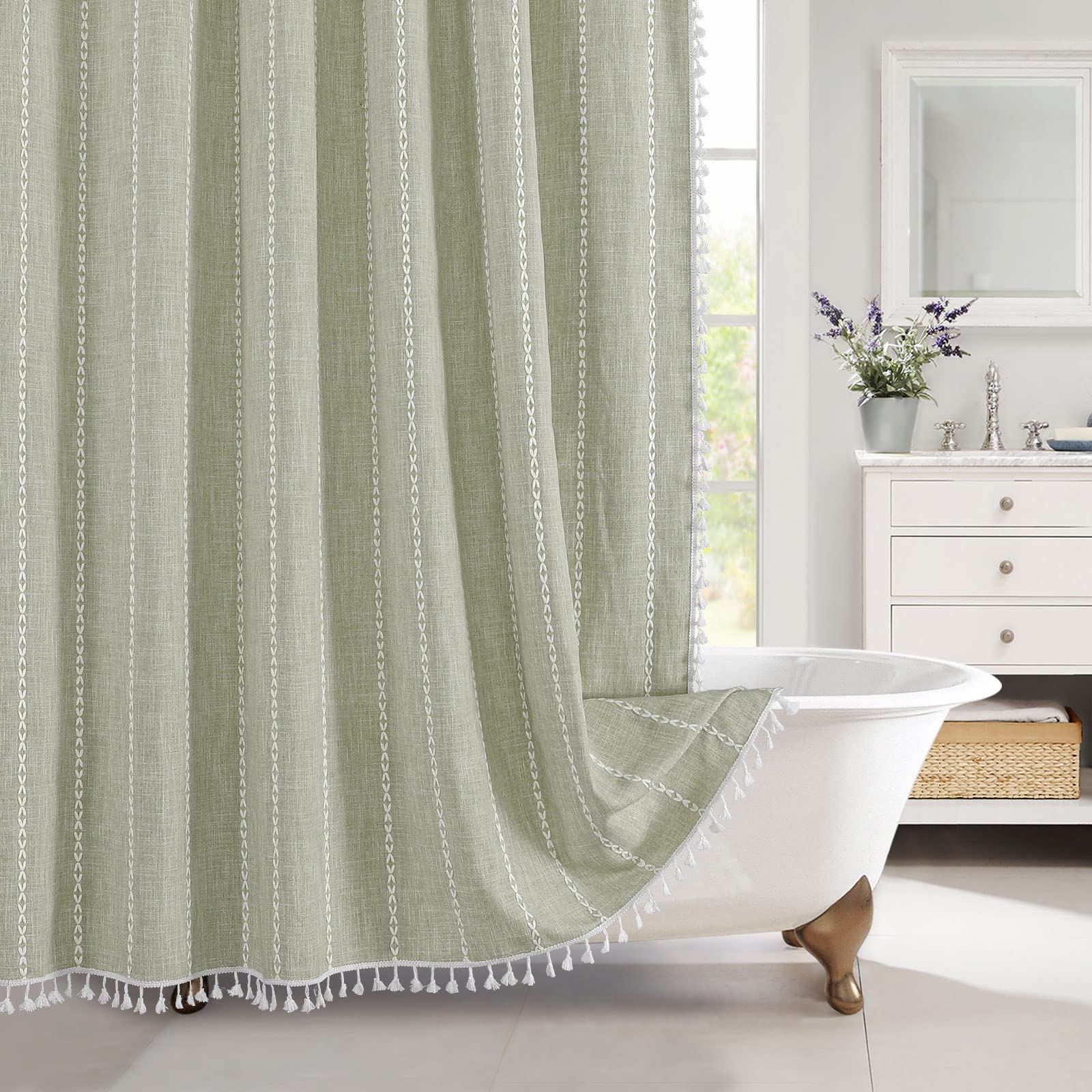 MitoVillaSage Green Shower Curtain 72 x 78, Boho Farmhouse 78 inch Long Cotton Linen Tassel Ultra Thick Heavy Duty Fabric Shower Curtains for Chic Cottagecore French Rustic Bathroom Decor