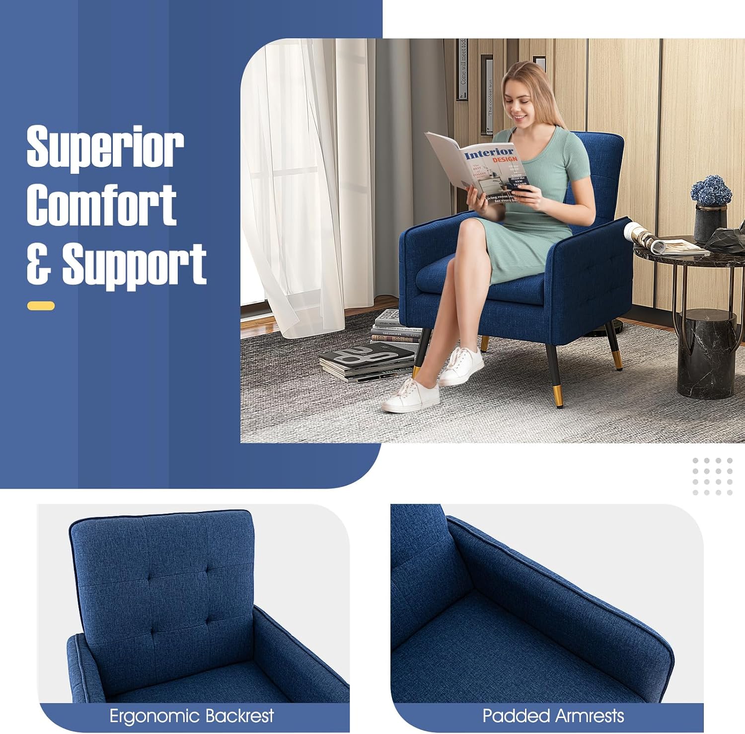 KOMFOTT Modern Accent Chair, Upholstered Armchair Single Sofa Chair with Metal Legs & Adjustable Foot Pads, Comfy Linen Fabric Reading Chair with Removable Seat Cushion for Living Room Bedroom (Blue)
