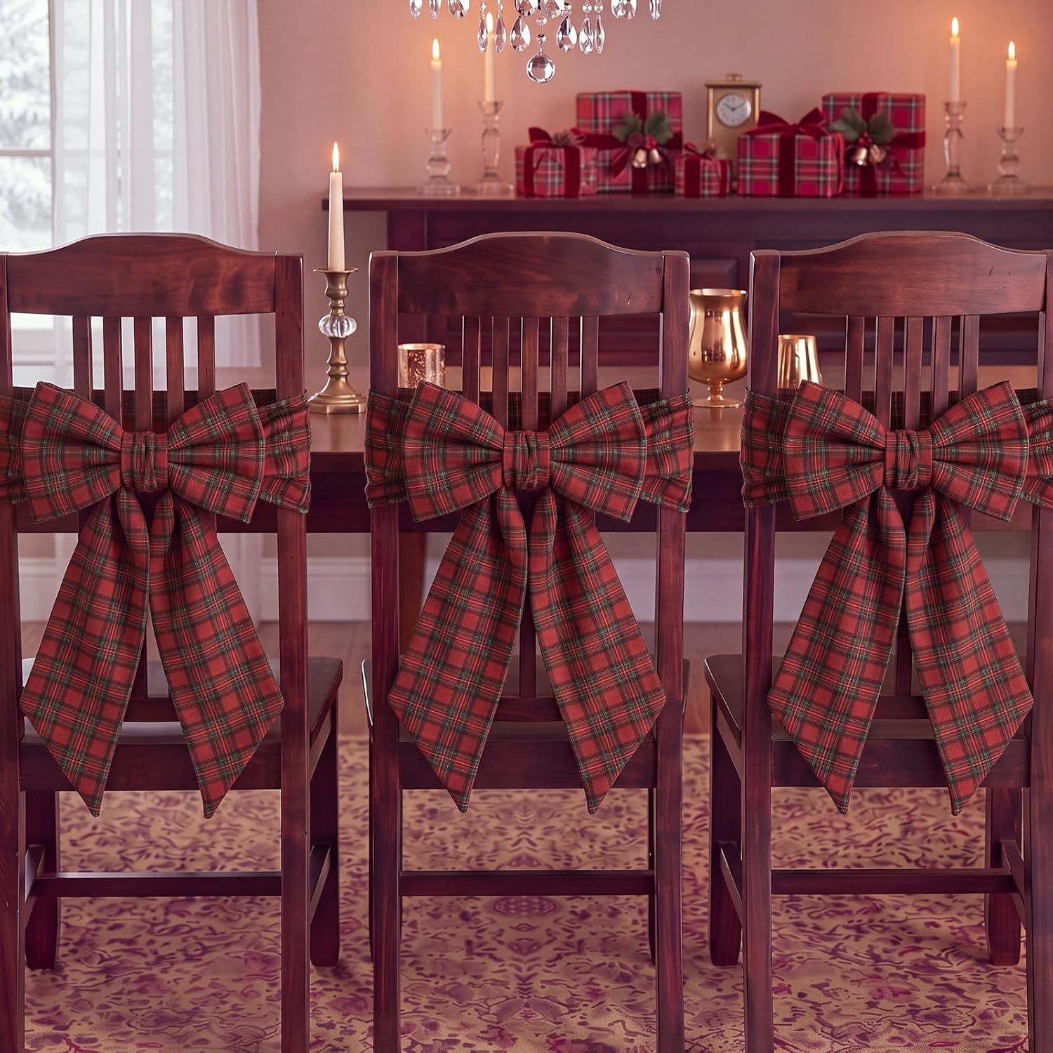 Fanfanwin 10 Pcs Tartan Velvet Christmas Chair Back Cover with Bow, Red