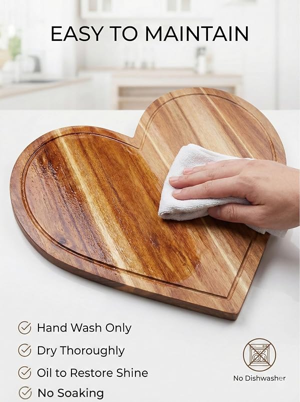 Heart Charcuterie Board 16 x 13.2 Inches - Acacia Wood Cutting Board, Heart Shaped Serving Tray - Mother’s Day Gifts for Mom, Wife, Grandma, Birthday Gifts for Mother & Grandmother by BERRY GOOD LUNCH - Used condition - Image 7