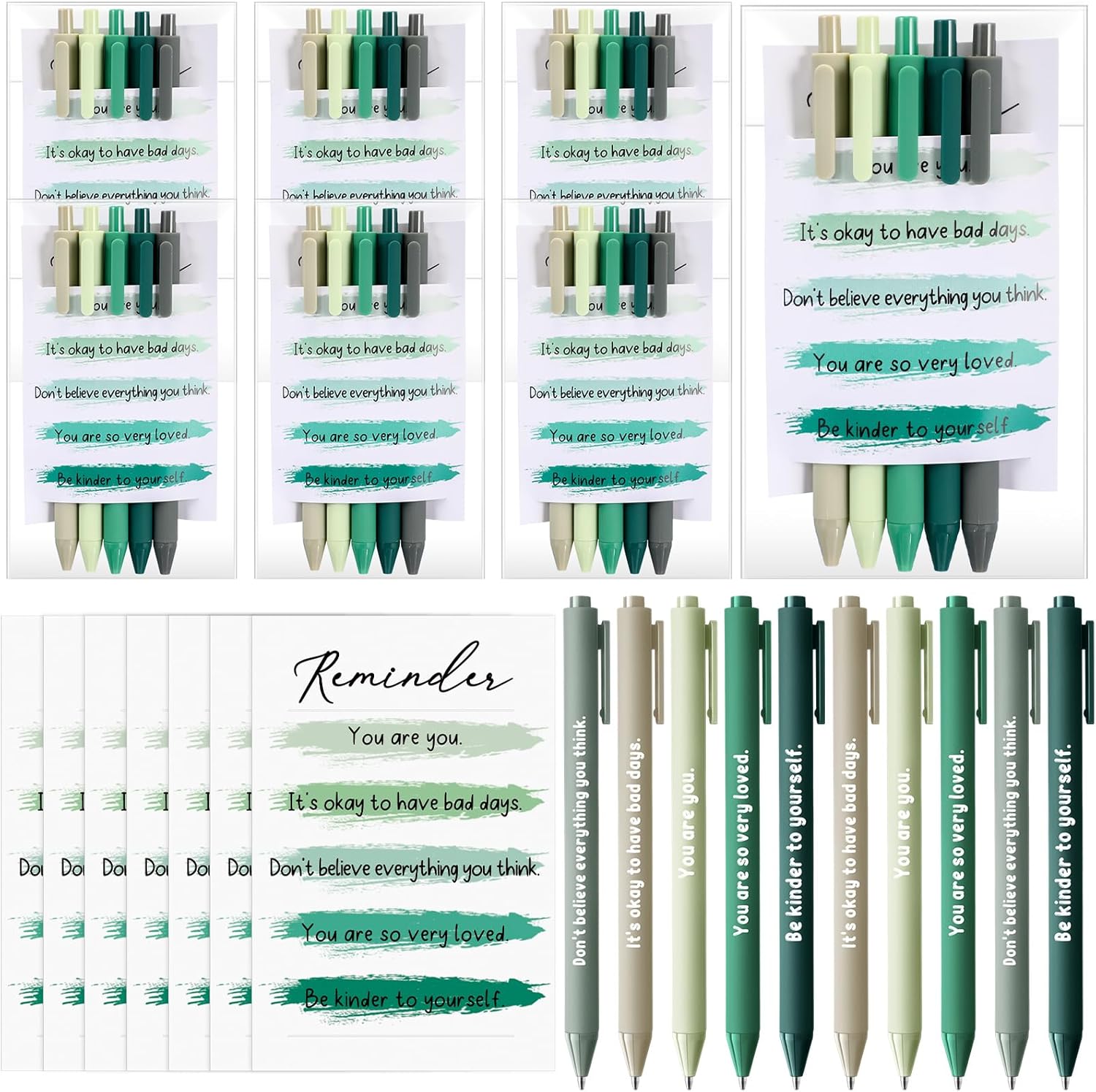 30 Pcs Suicide Prevention Awareness Pen Mental Health Awareness Pen Positive Inspirational Emotional Support Affirmation Therapist Gifts with 6 Motivational Card for Office Charity(Green)
