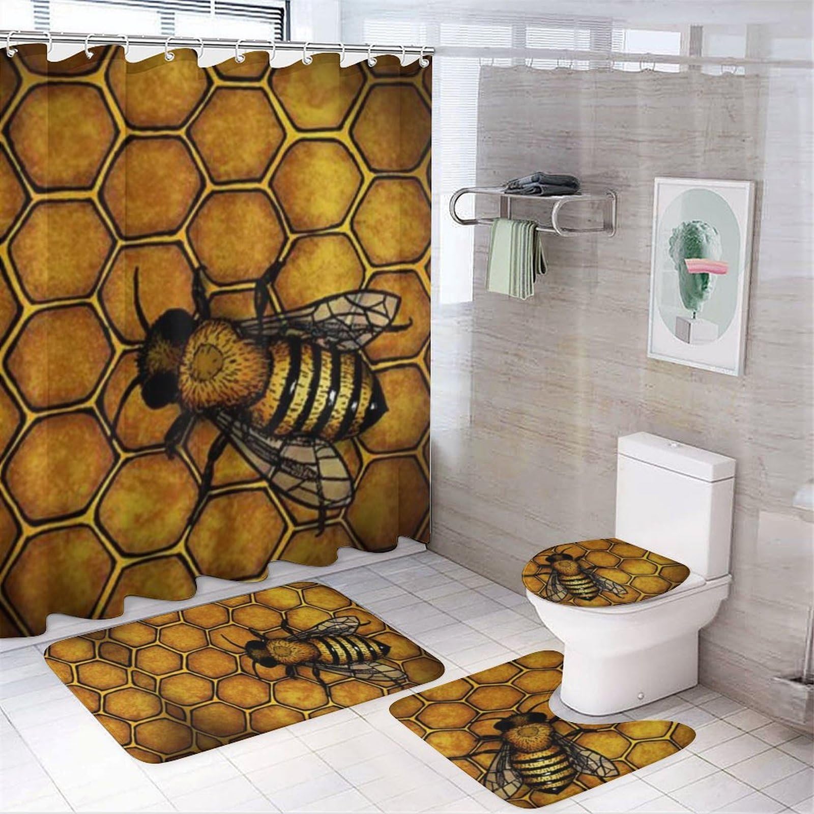 JZemdybill Bathroom Mat Set 4 Piece, Bee Honeybee Shower Curtain with Non-Slip Bath Mats for Bathroom