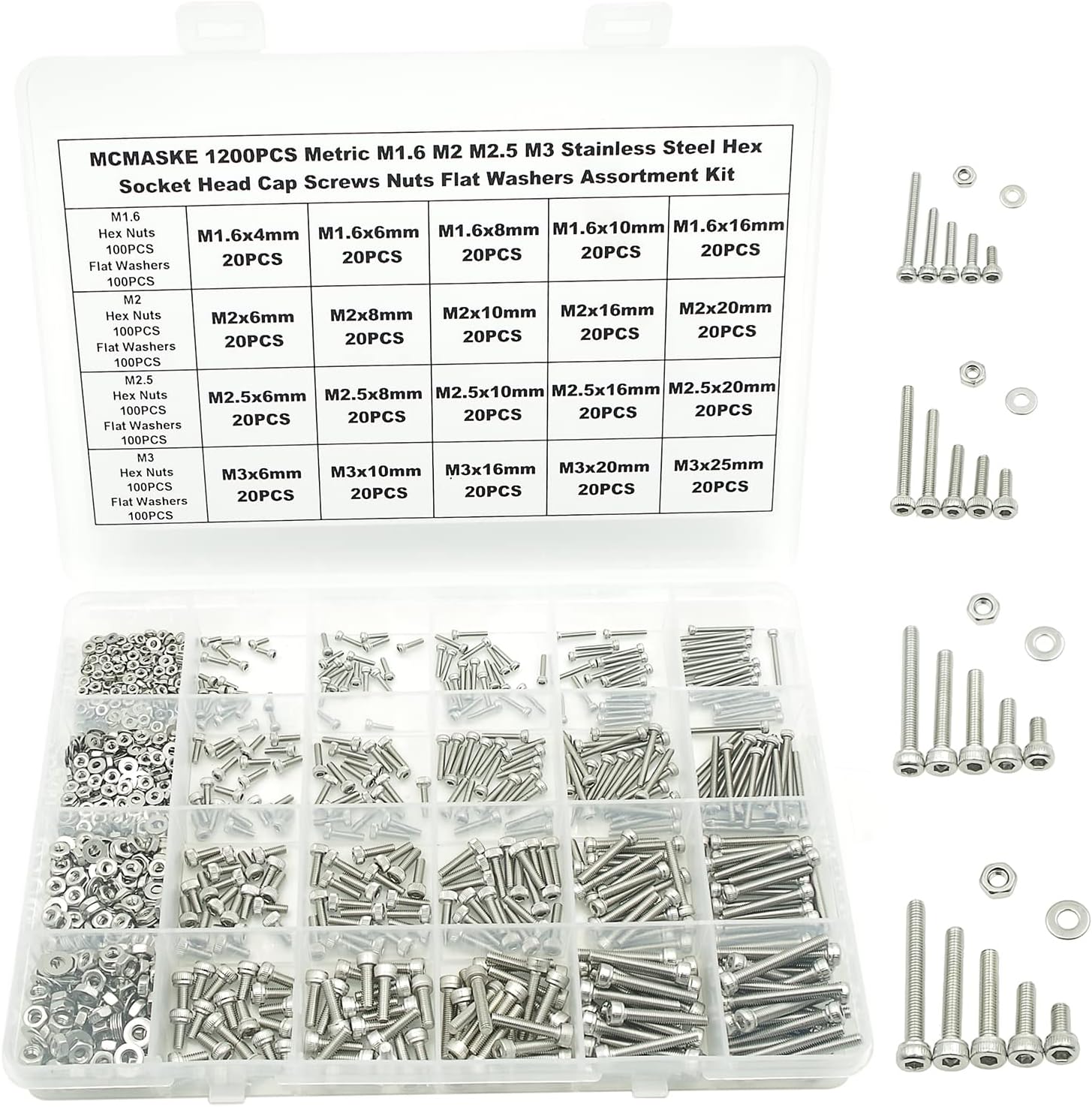 1200PCS M1.6 M2 M2.5 M3 Stainless Steel Hex Socket Head Cap Screws Nuts Flat Washers Assortment Kit