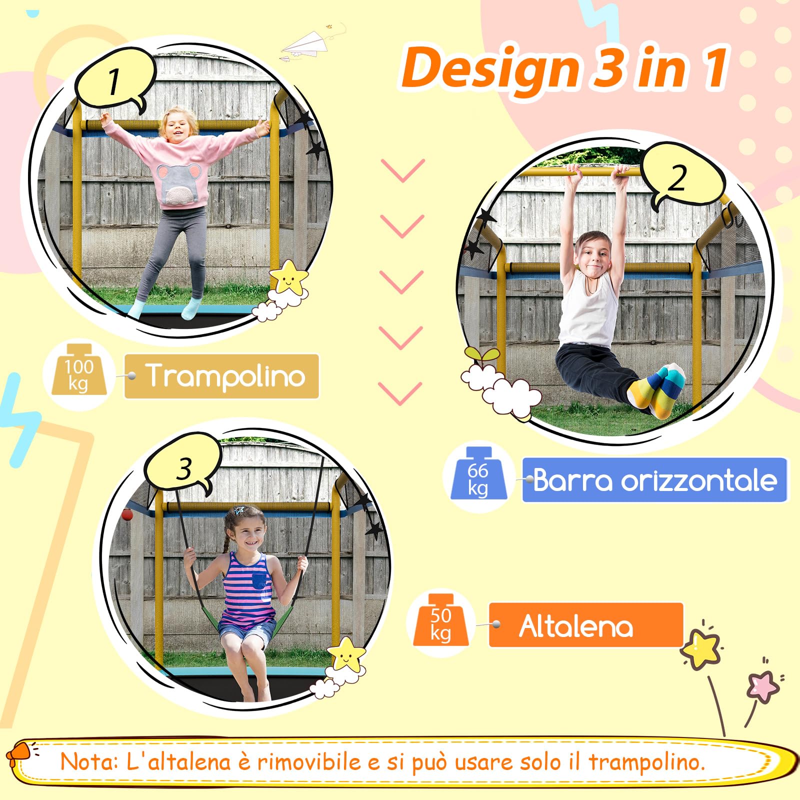 COSTWAY Trampolino Rettangolare per Bambini 3-in-1 190 x 124 cm, Tappetto Elastico per Bambini da Esterno ed Interno con Rete, Altalena, Barra, Copertura e Design senza Fessure