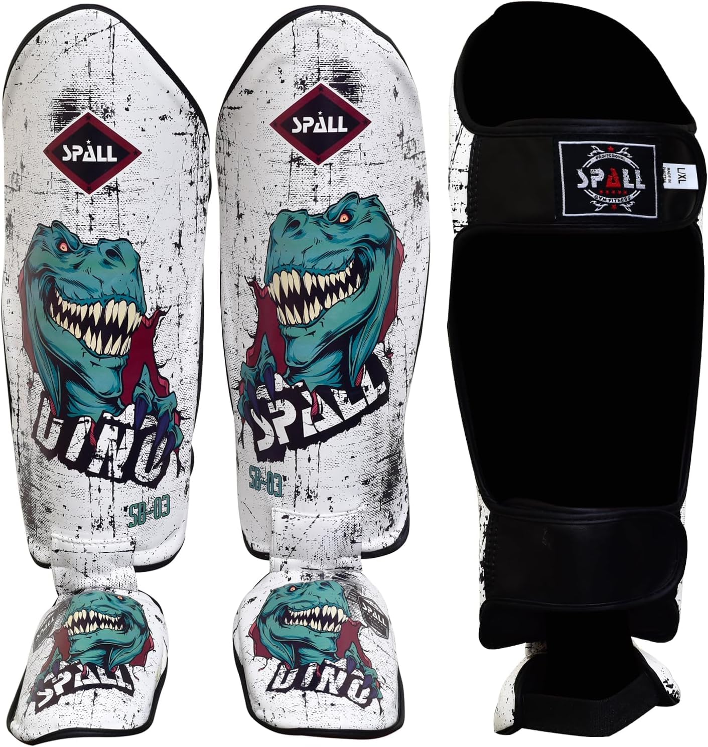 Muay Thai Shin Guards for Kickboxing Martial Arts BJJ Boxing Equipment MMA Training and Sparring Leg Guard with Instep Protection Pads (Dino-White, Large/XLarge)