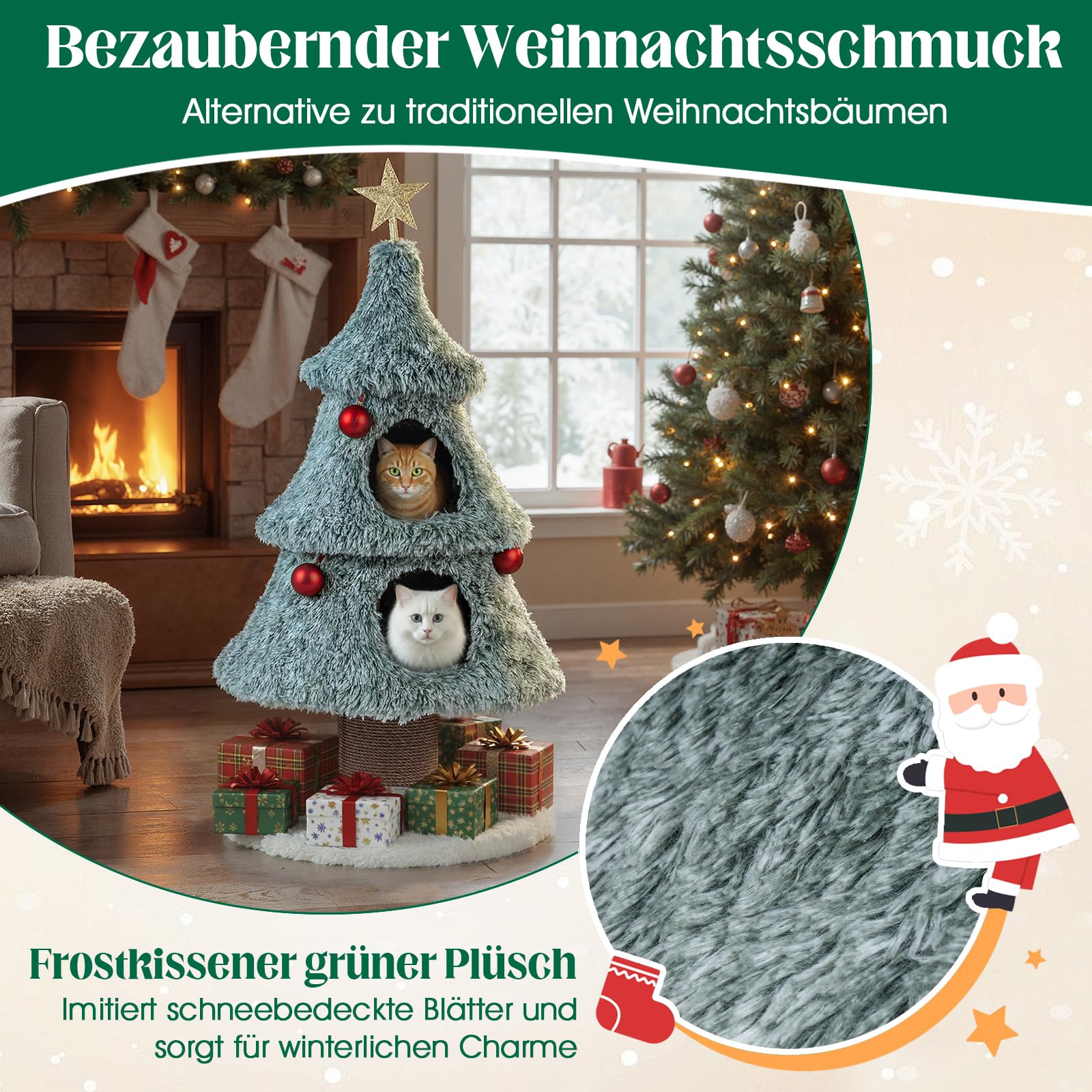 GYMAX 123 cm Kratzbaum Weihnachten, Katzenbaum mit 2 Höhlen, Sisal-Kratzsäuln & Kiefern-Stützsäulen, waschbarer Veloursbezug, Katzenkratzbaum Weihnachtsbaum, Aktivzentrum für Kätzchen, Grün