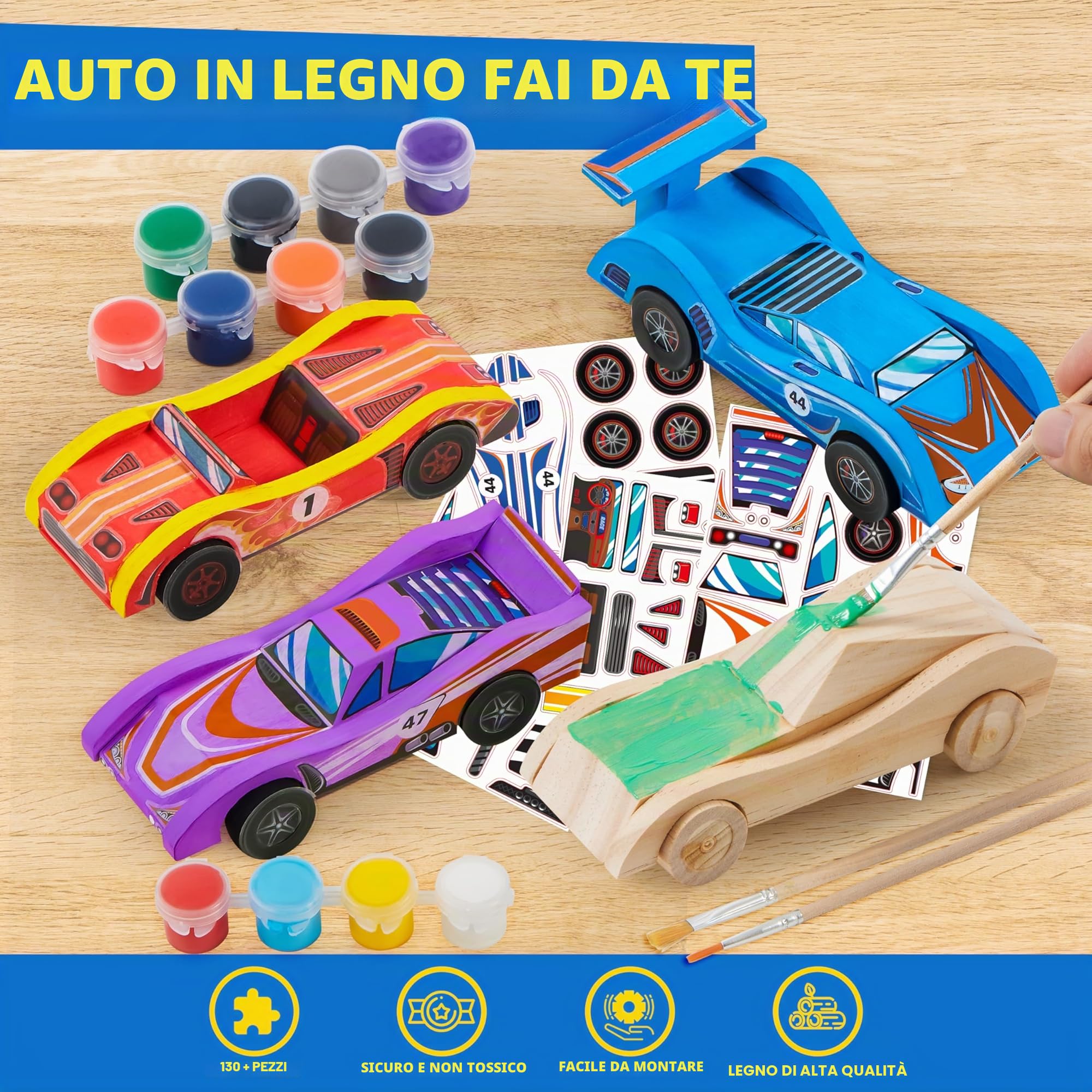 Klever Kits 4 Kit Fai-da-Te per Costruire e Dipingere le Tue Auto da Corsa in Legno, 4 Giocattoli Auto da Corsa, Kit di Arti e Mestieri Facile da Assemblare, Regali per Feste di Compleanno per Bambini