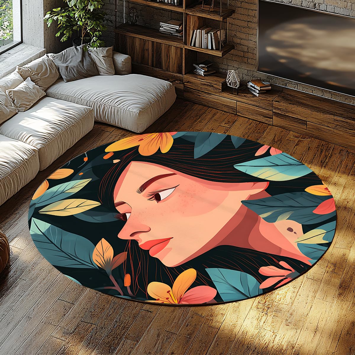 Kwiatowy portret zmywalny okrągły dywanik wejściowy 120 cm marzycielski ogród artystyczna kobieta ilustracja antypoślizgowy miękki dywan koło do łóżka