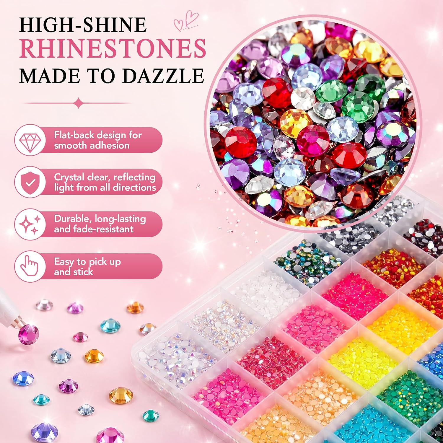 40000Pcs 42 Colors Jelly Rhinestones Bedazzling Kit - 3mm Flatback Resin Crystal Gems with Glue & Pink Tweezers, DIY Jewelry Making, Diamond Painting, Nail Art for Adults Girls, Phone Case Shoe Decor