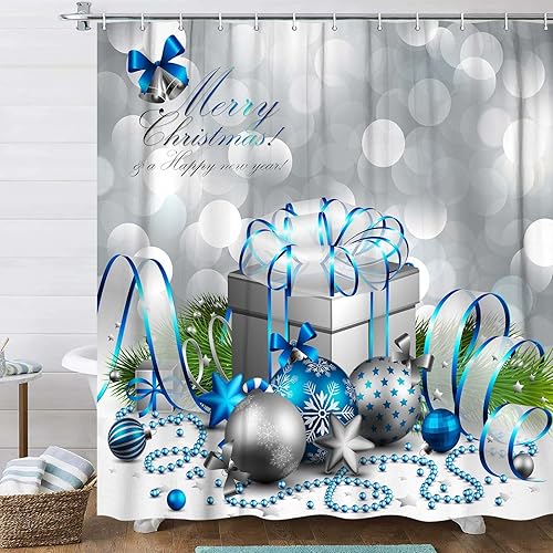 Miniatura 8 de DYNH Cortina de ducha navideña, feliz Navidad, bola y caja de Navidad plateada y azul para cortinas de baño de Año Nuevo, cortina de ducha de tela,