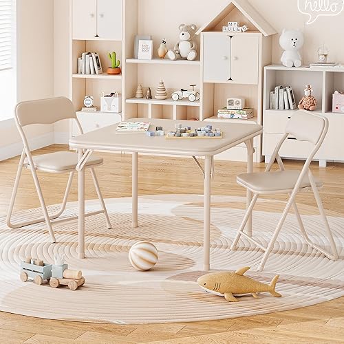 GAOMON Boys and Girls Folding Table and Chairs Set of 3, Portable Table and Chair with PU Soft Cushion,Suitable for Eating,Reading and Playing-Beige