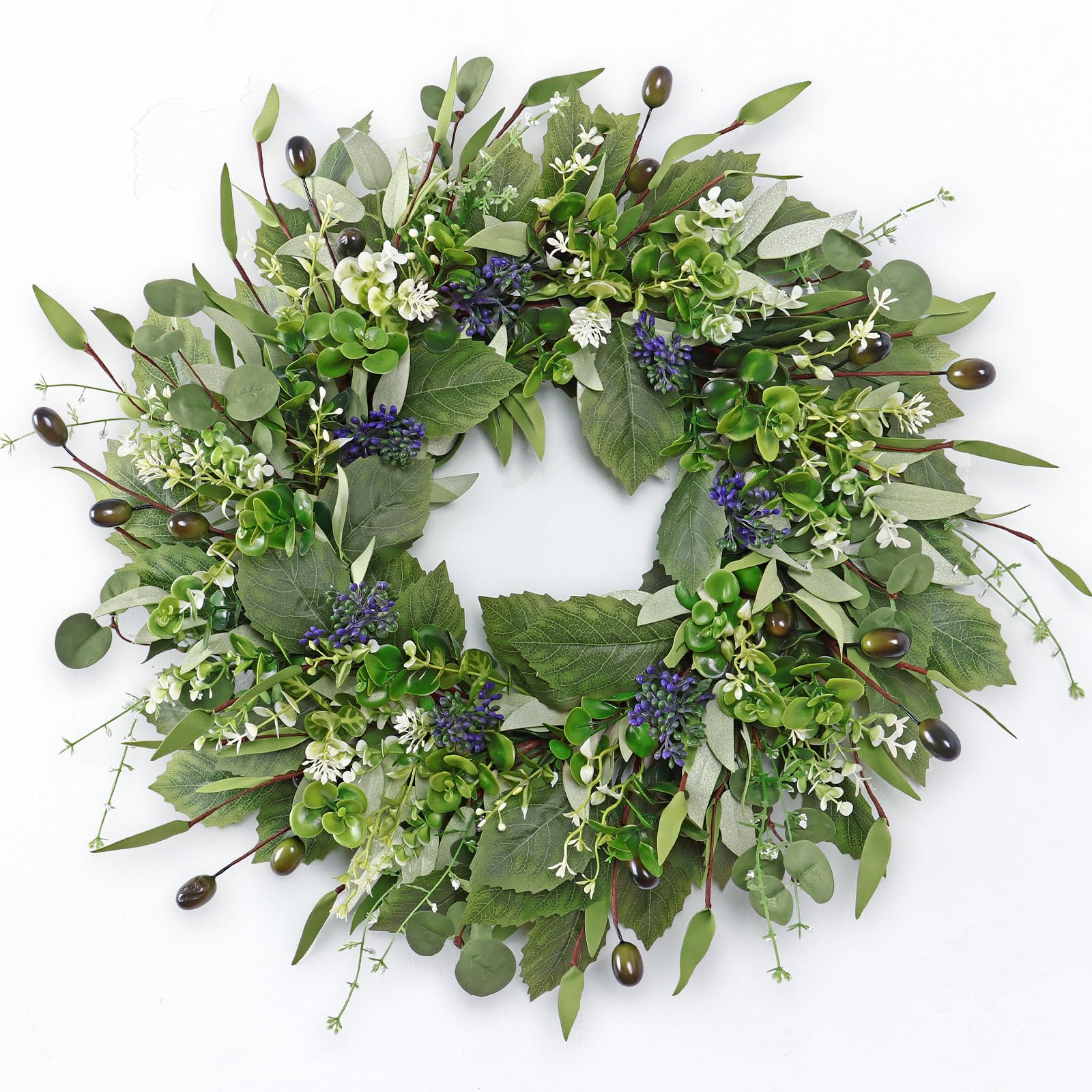 ASTNIC Spring Door Wreath for Front Door, 20.5 inch Green Artificial Wreaths with Eucalyptus Olive Boxwood Leaves, Lifelike Door Wreaths Outdoor All Year Ramadan Decorations for Home, Farmhouse Decor — image 1