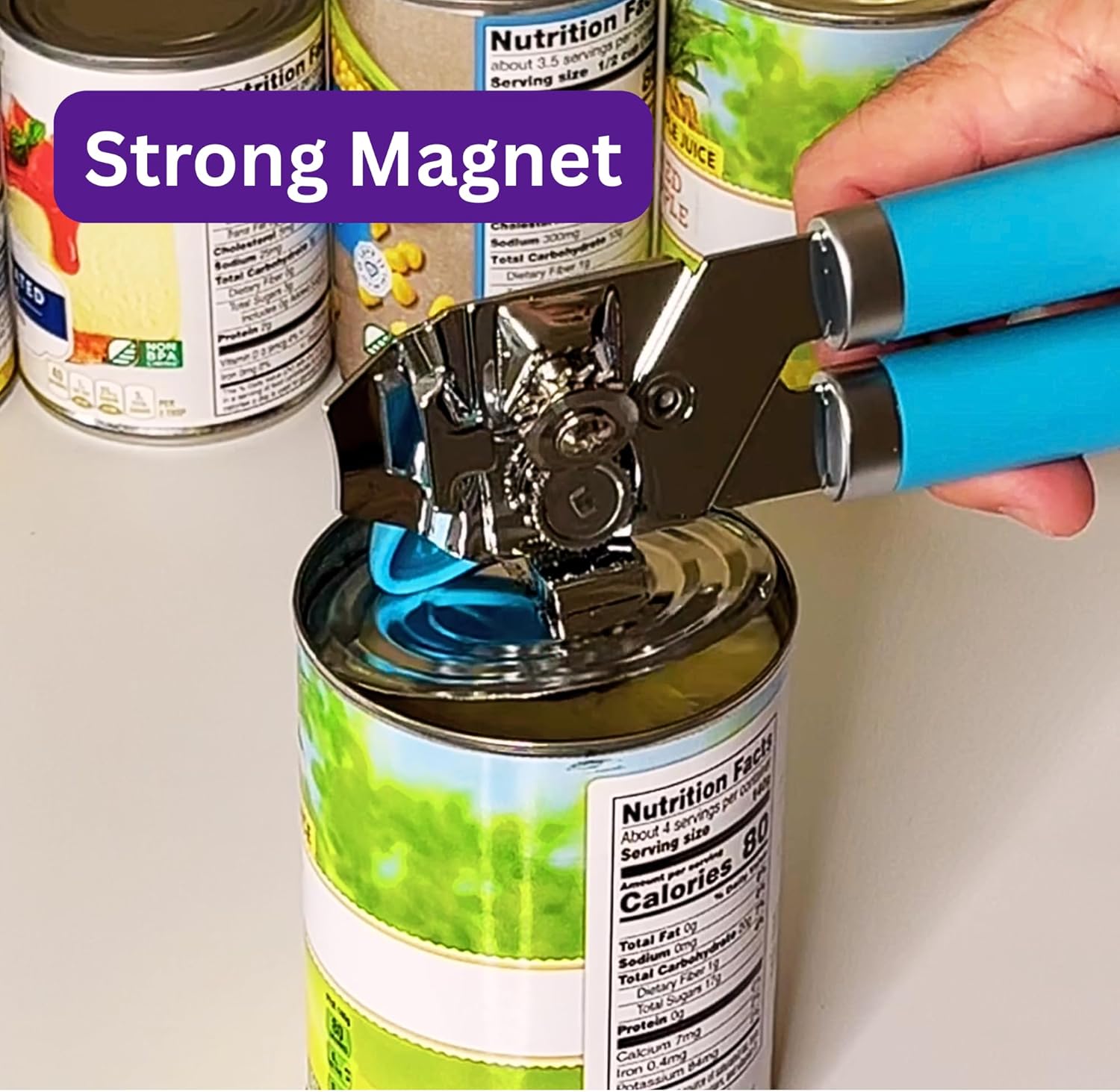 Manual Can Opener for Seniors – Easy-Turn Knob, Cleaner Edge Cutting, Magnetic Lid Lifter, Heavy-Duty Carbon Steel Blade, Ergonomic Comfort Grip – Blue