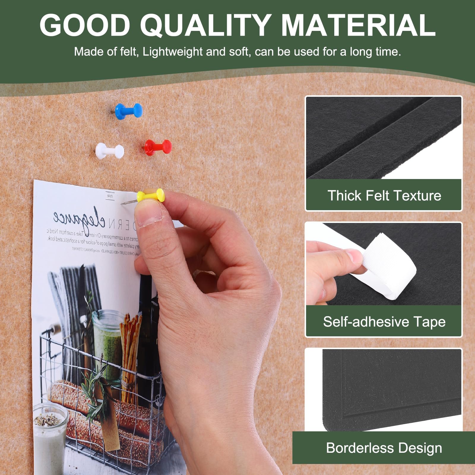 YOKIVE Tablero De Corcho De Fieltro 47 X 31.5 Pulgadas Plegable Decorativo Con 20 Chinchetas Autoadhesivo Ideal Para Pared Exhibición De Fotos Notas Y Horarios Negro