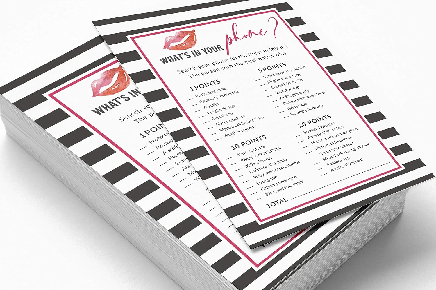 Bridal Shower Game Wedding Shower Bachelorette Party Bulk Activity Game Cards 50-Pack Striped kiss The Miss Good Bye Whats on Your Phone image 3