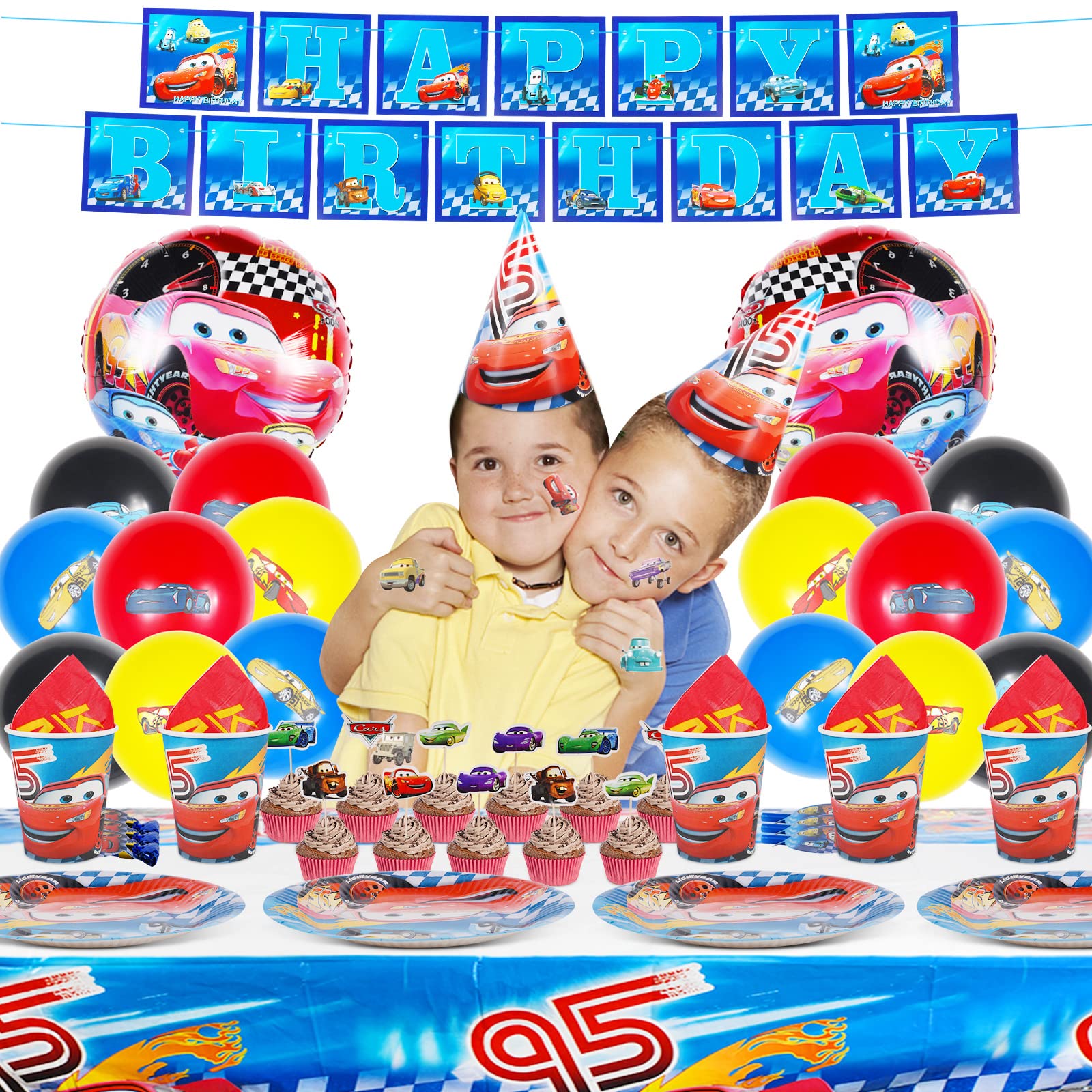 Cars Anniversaire Decoration 38 Pièces,Cars Ballons Latex, Ballons En Aluminium,Cars Birthday Bannière,Voiture Cupcake Topper,Voiture Décoration De Gâteau,Enfants Decoration Fête