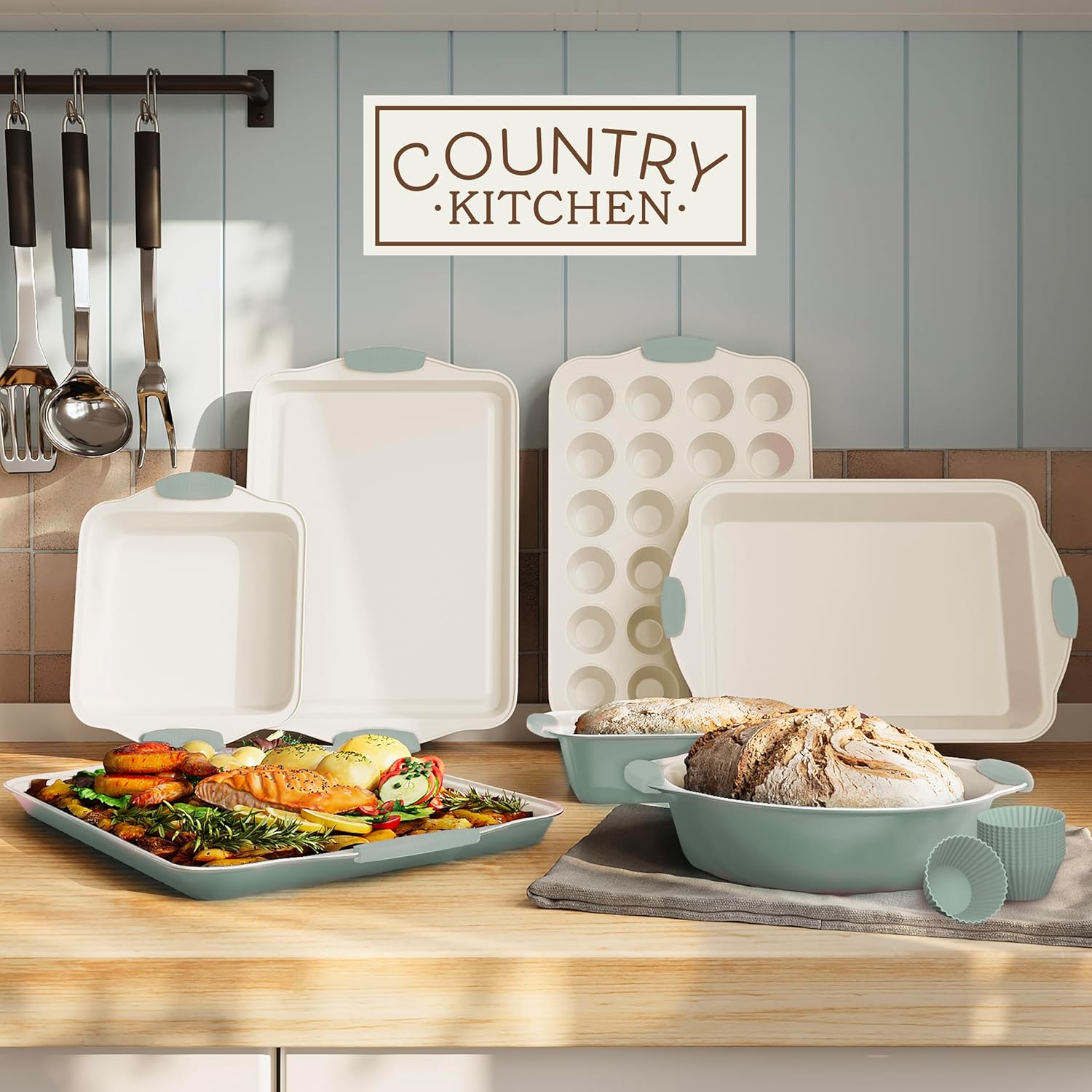 Country Kitchen Nonstick Stackable Bakeware Set - Durable, Easy Release Baking Set- 22 Pc. Includes Silicone Muffin Cups