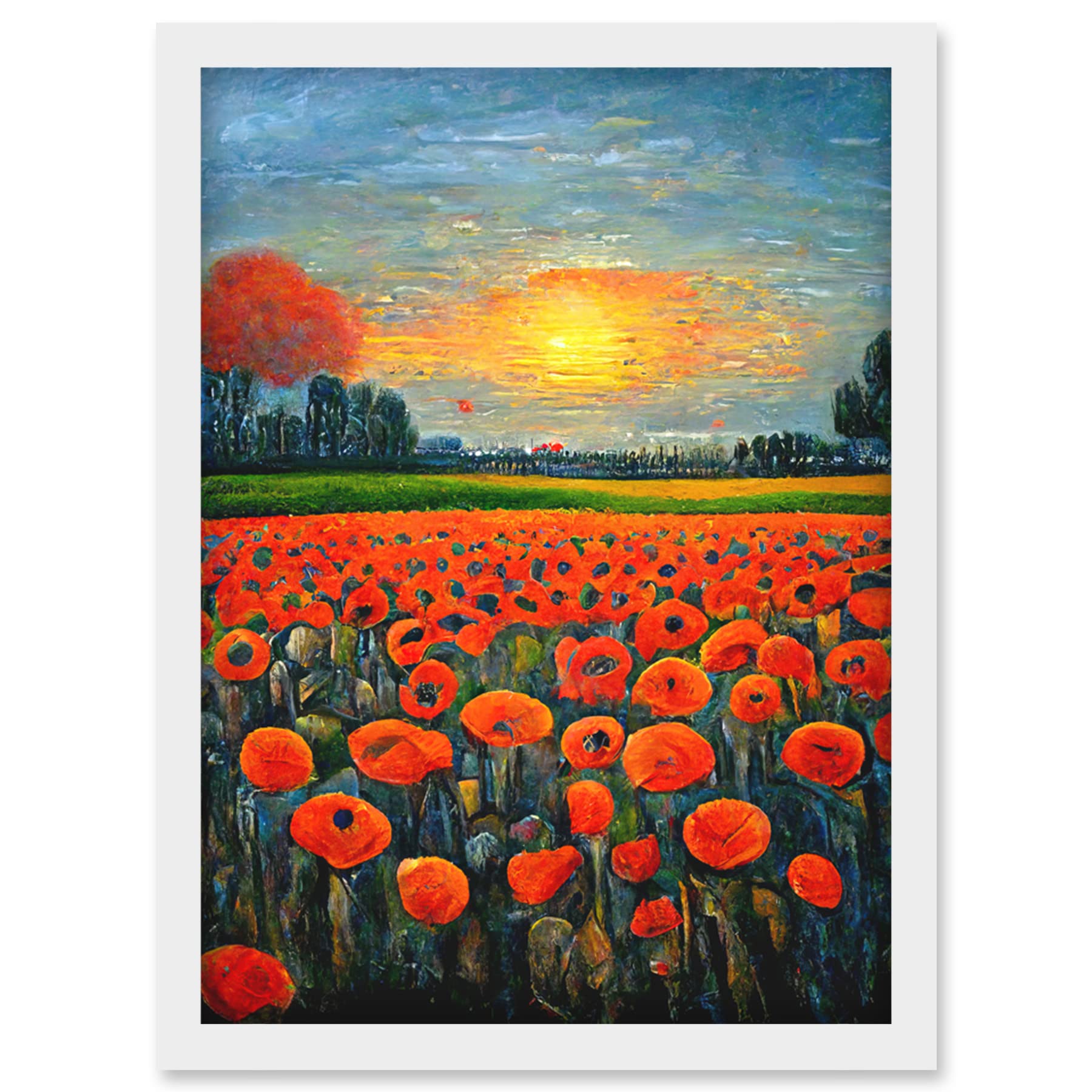 Expressionism Oil Paint Poppy Flowers Artwork Framed Wall Art Print A4 - Flanders Field At Sunset