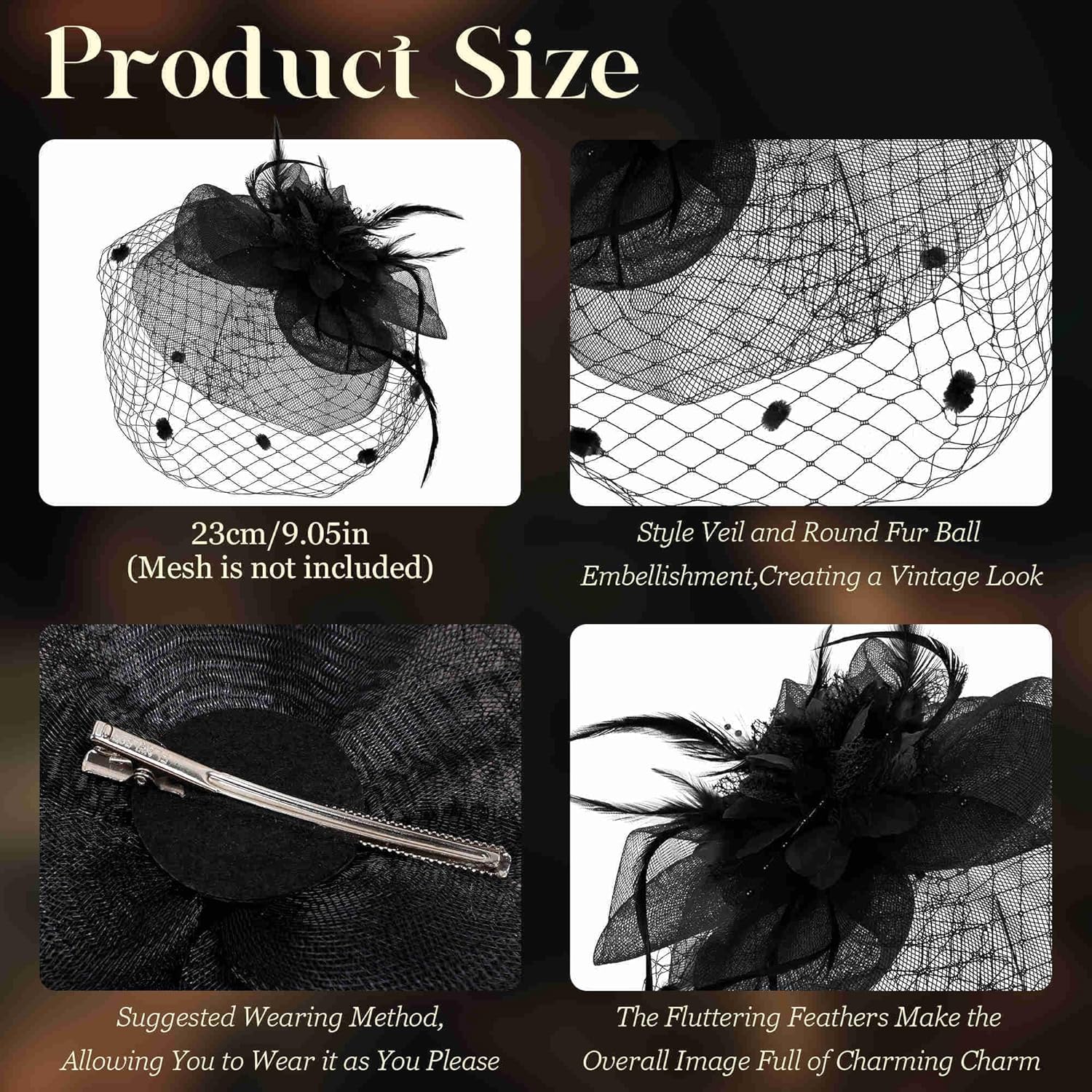 Fascinators Hats for Women Tea Party Hat Feather Mesh Headband Vintage Lace Cocktail Headwear Veil Hair Clip Church - Image 2