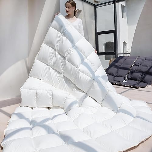 KAKABELL Edredón de plumón de ganso, tamaño Queen, relleno de edredón silencioso con pestañas, color blanco sólido, funda de 100% algodón, tamaño