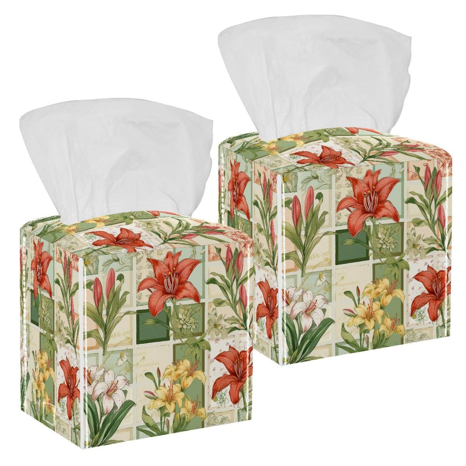 Cartoon Watercolor Lilies Tissue Box Cover, 2 Pack PU Leather Square Facial Tissue Dispenser Box holder for Home Office Car