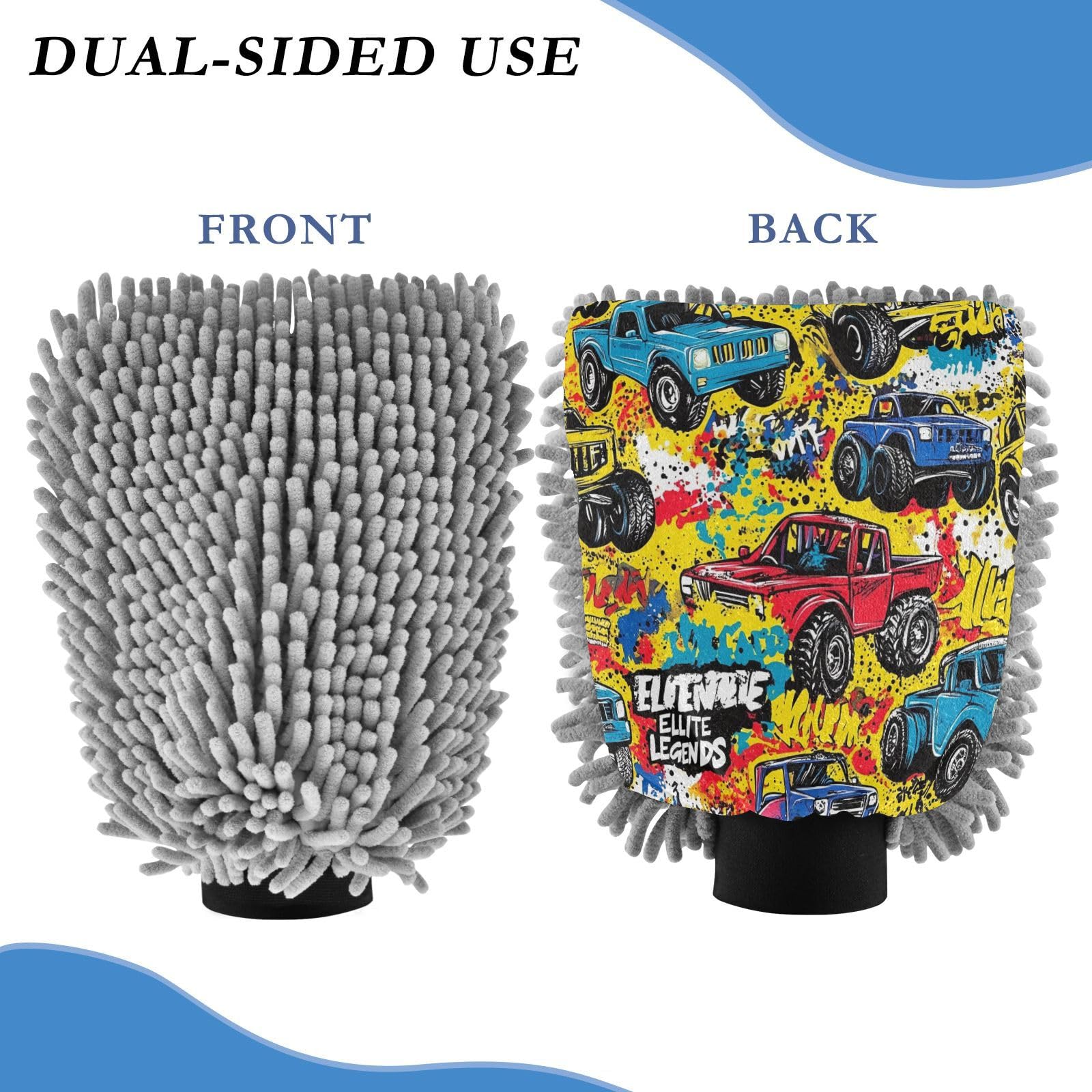 STAYTOP Graffiti Style Truck Car Wash Mitt Microfiber, 2Pcs Scratch Free Lint-Free, Premium Chenille Microfiber Mitt Car Wash Brush-L