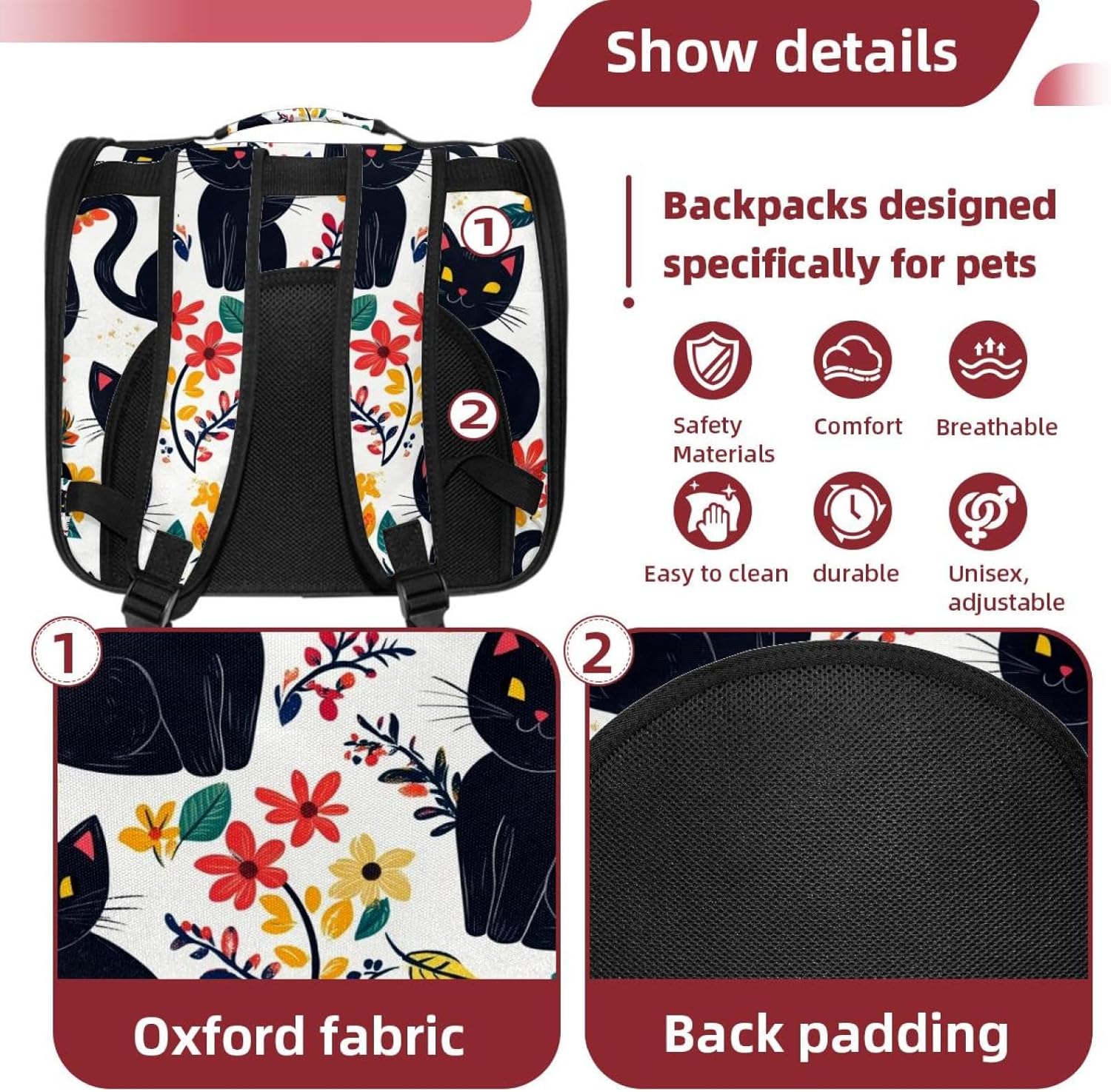 Cute Black Cats and Flowers (49) Cat Backpack Carrier, Large Pet Backpack for Medium Small Dog Cat Puppy Kitty Bunny