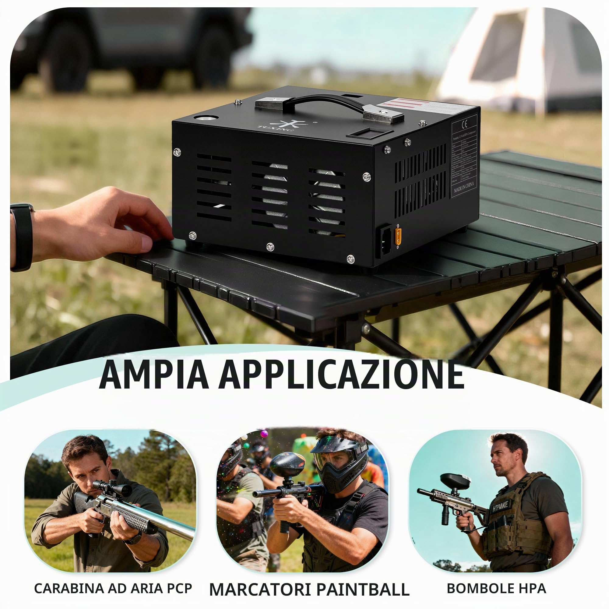 Compressore d'aria TUXING 4500Psi Pcp | Senza olio/acqua | Alimentato da auto 12V DC o casa 220V AC con convertitore | Pompa per fucile ad aria PCP, pistole a aria a paintball