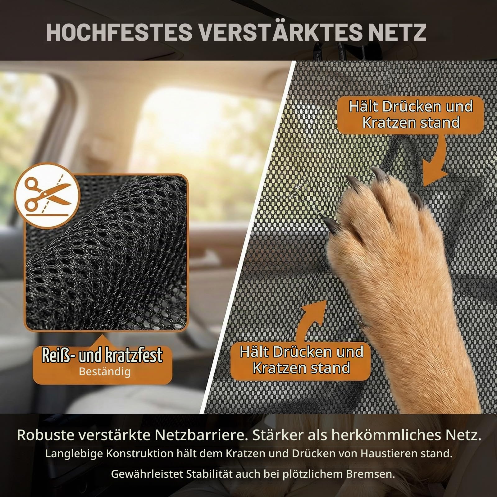 Hundegitter Auto Rücksitz & Kofferraum — 107*127cm Hundeauto Trenngitter mit verstärkte Transparentem Netz und Stabilem Metallrahmen , Trennbarriere für Hunde Universal Fit für SUV und Limousine