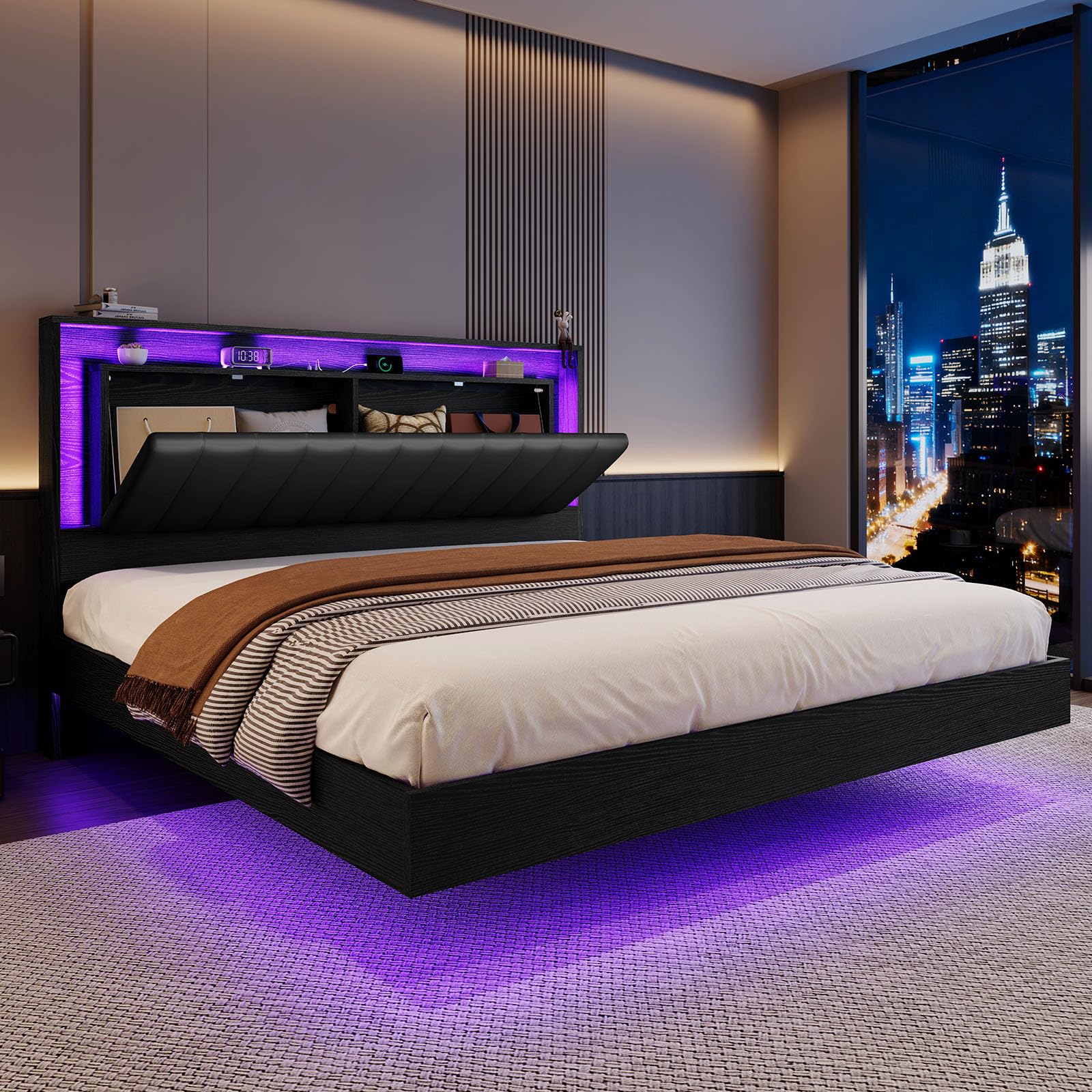 Belffin Floating Bed Frame Queen Size with LED Lights & Charging Station, Wooden Headboard with Hidden Storage and Faux Leather Backrest, Easy