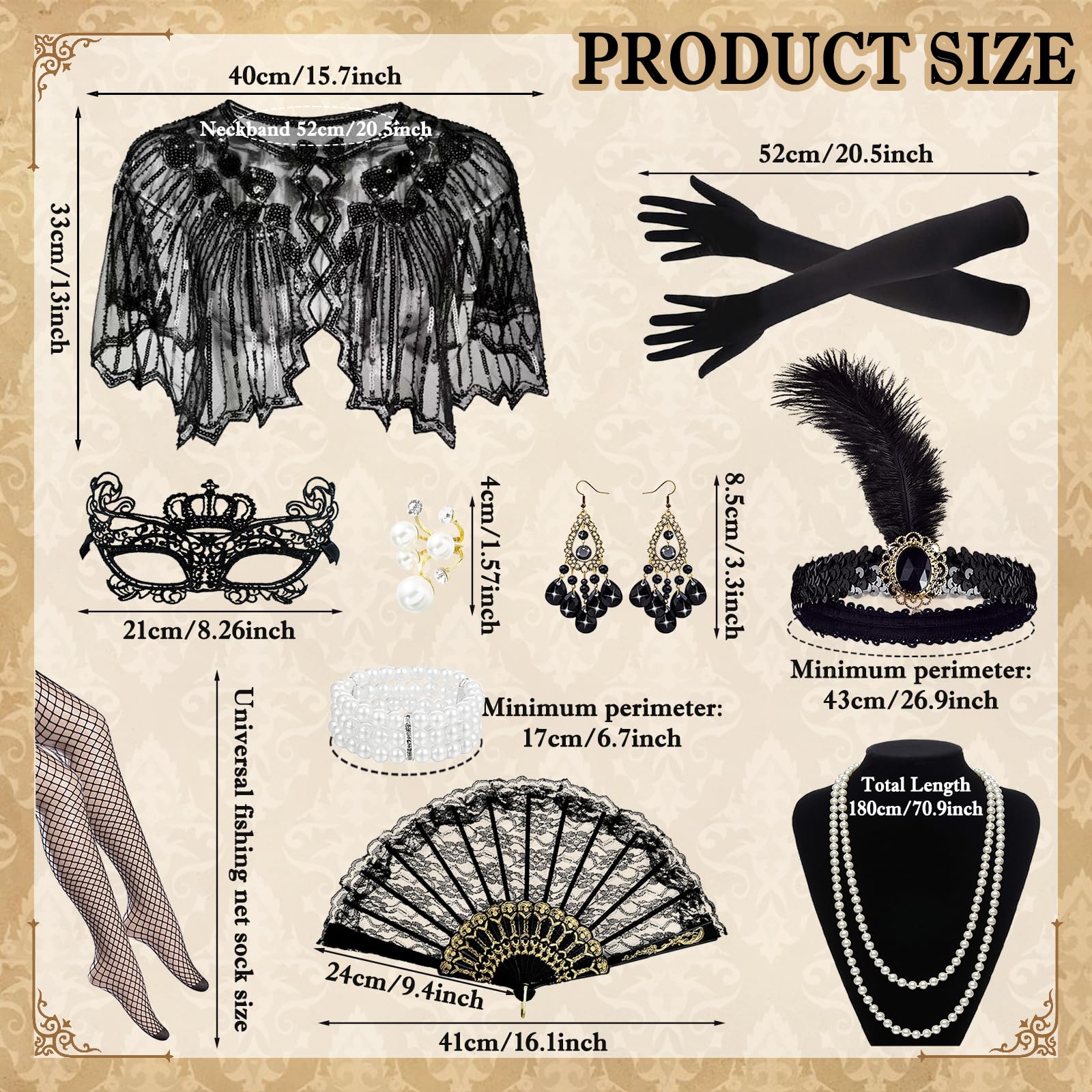 Sekepingo 1920s Accessories for Women Great Gatsby Flapper Shawl with Sequins 8 Pieces Accessories Set Peaky Blinders Costume with Headband Gloves Necklace Earrings Lace Fan for Party Black - Image 2