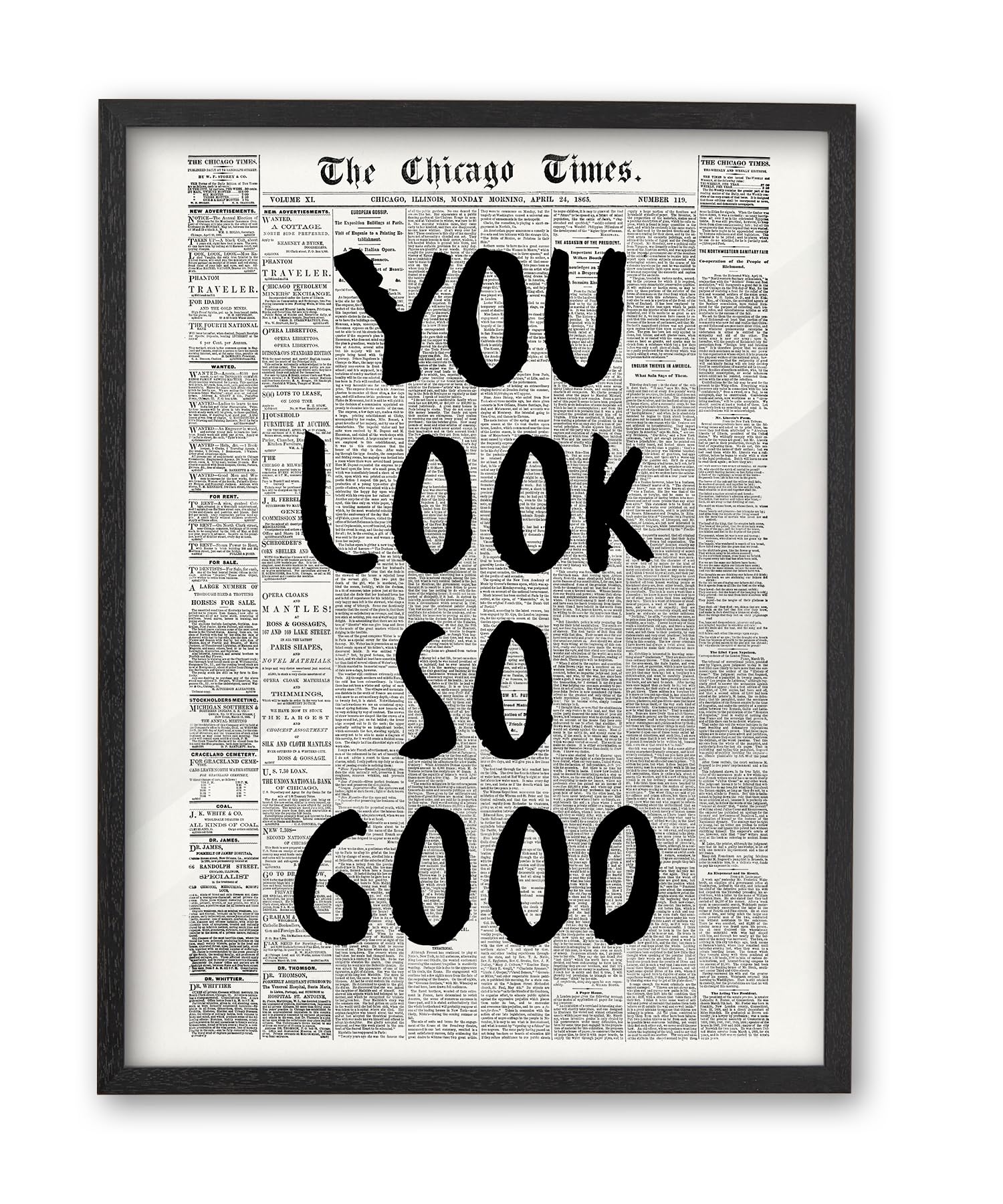 iHery Premium Natural Black OAK Wood 12x16in You Look So Good Trendy Framed Wall Art, Vintage Girl Newspaper Canvas Wall Decor For Dorm Bedroom Living Room 1Pack