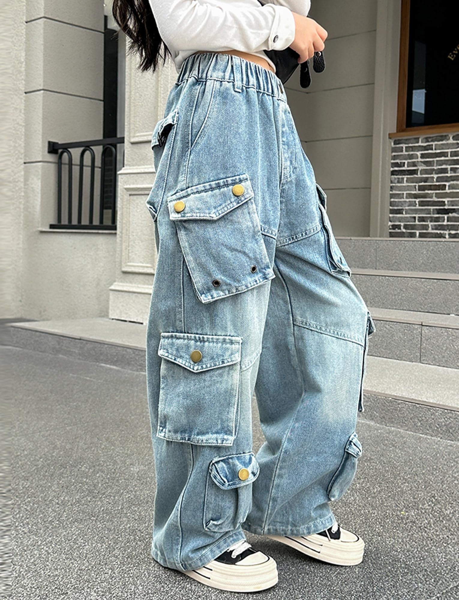 Maeau Jeans mit Weitem Bein für Mädchen, Denim Hose Gerade, Cargo Freizeithose mit elastischem Bund und Taschen, Größe 120-170
