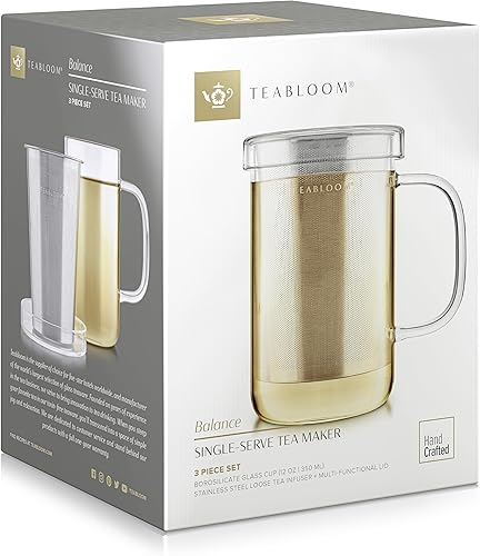 Miniatura 5 de Teabloom Taza de vidrio de borosilicato prémium con infusor de té de hojas sueltas de acero inoxidable y tapaplato, 12 onzas (11.8 fl oz)
