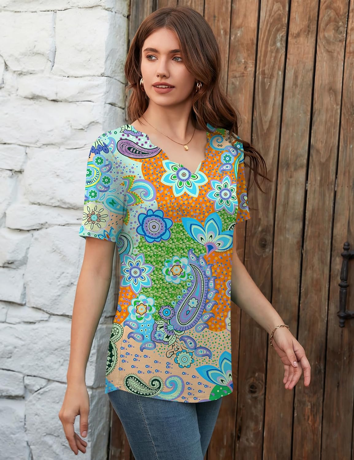 LOMON Womens Summer Tops V Neck Short Sleeve Shirts Dressy Casual Tunic Blouses Spring Fashion - Image 4