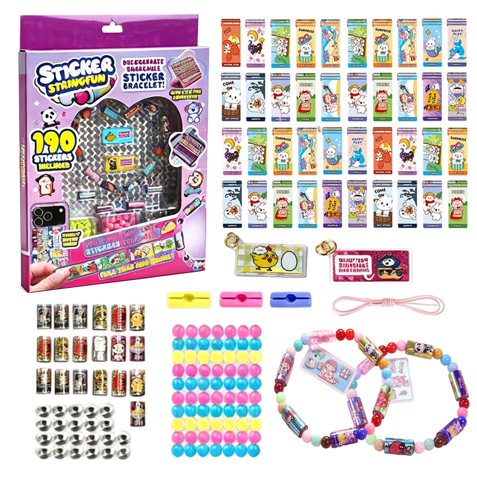 Afufu 190 Mini Holographic Stickers, Sticker Bracelet Making Kit for Age 3+ Girls, 1*Pendants & Friendship Bracelets, Reusable Collectible Toy, DIY Sticker Jewelry Kit School Prize Party Favors