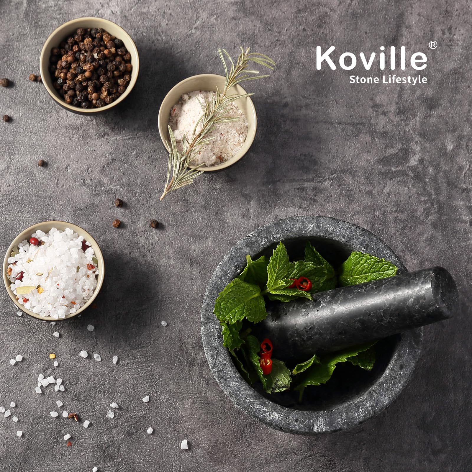 Koville Juego de mortero y mortero de granito africano de lujo, cuenco de molinillo para guacamole, salsa, triturador de píldoras, especias, hierbas, ajo, nueces, molinillo resistente para cocina