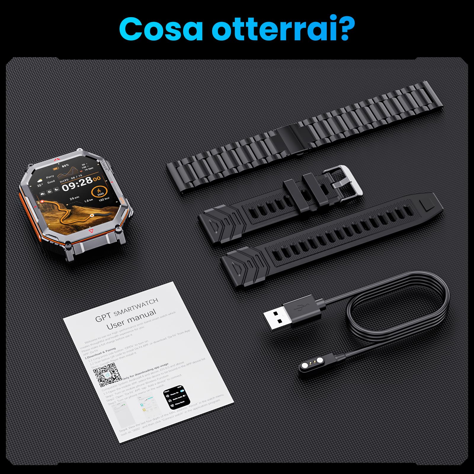 Orologio intelligente militare Cinghia in Acciaio per uomini, con GPS/bussola, assistente vocale GPT, display HD 2.01", chiamate Bluetooth, tracker fitness, compatibile con Android e iOS (Nero)