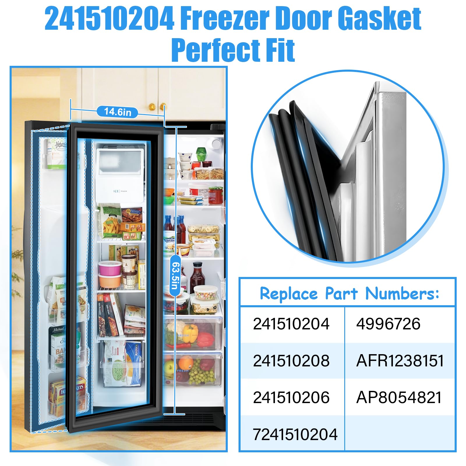 Junta de puerta de congelador mejorada 241510204 241510208 compatible con Frigidaire 241510206 7241510204 4996726 Electrolux Sello de puerta de congelador negro