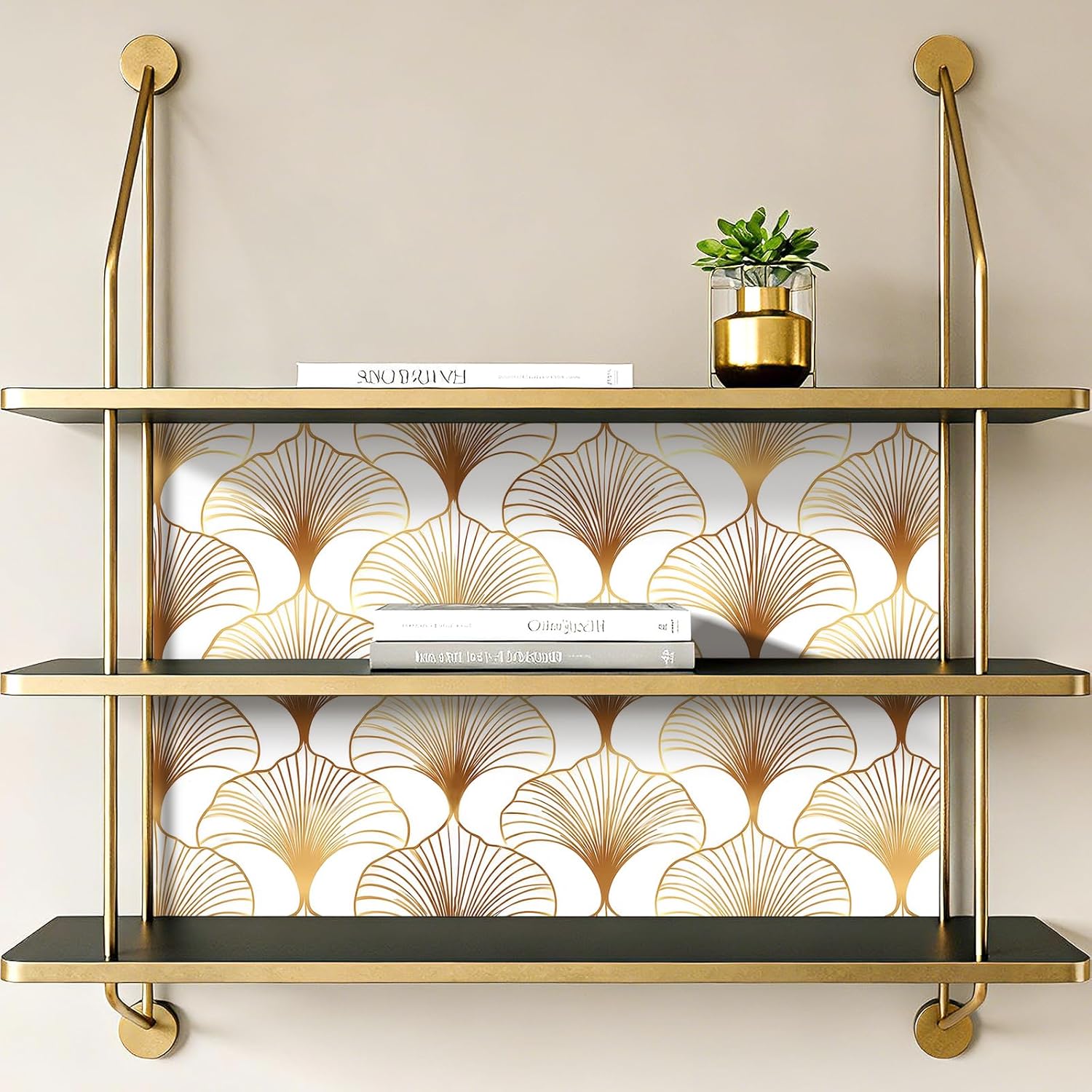 ReWallpaper 15.8in x 23ft Gold Geometric Art Deco Peel and Stick Wallpaper Gold White Contact Paper Self Adhesive Wall Covering for Dining Room Bar Restaurant Hotel Salon Gaming Room Office Entryway