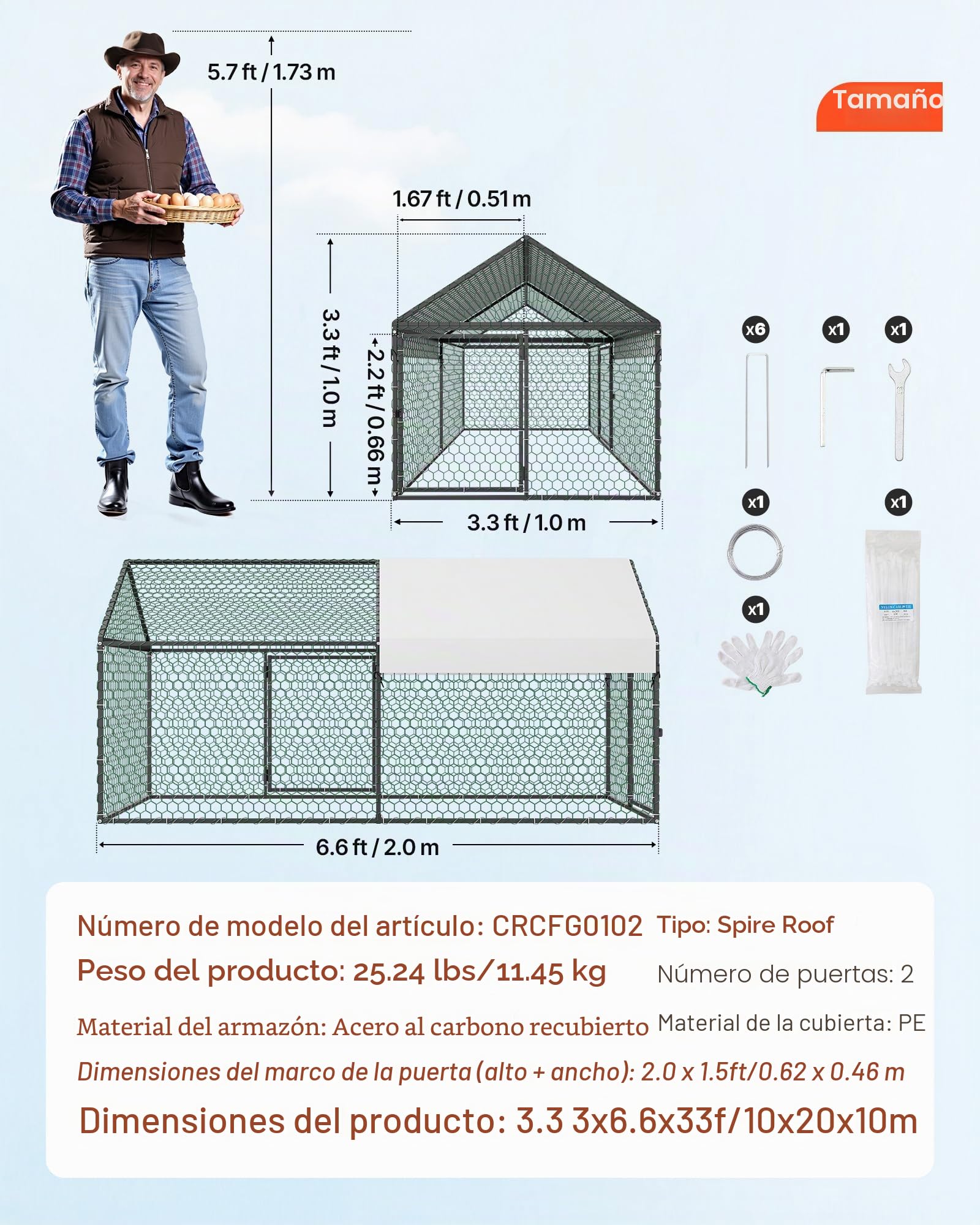 VEVOR Gallinero para Exterior, 1,0 x 2,0 x 1,0 m, Corral para Gallinas con Techo a Dos Aguas, con Cubierta Impermeable y 2 Puertas, Compatible con Ponedero de Madera, Gallinero Pequeño para 4-6 Pollos