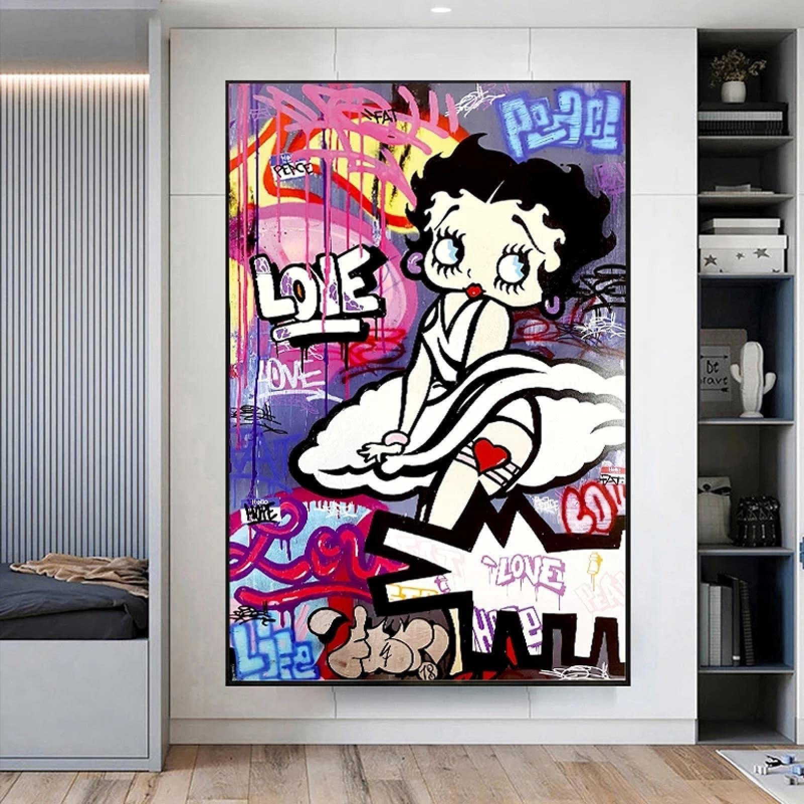 Tela stampata Graffiti Betty Boop Wall Art Street Cartoon Girl Poster Stampa Immagine da parete Soggiorno Decorazione della casa 40x60cm Cornice interna