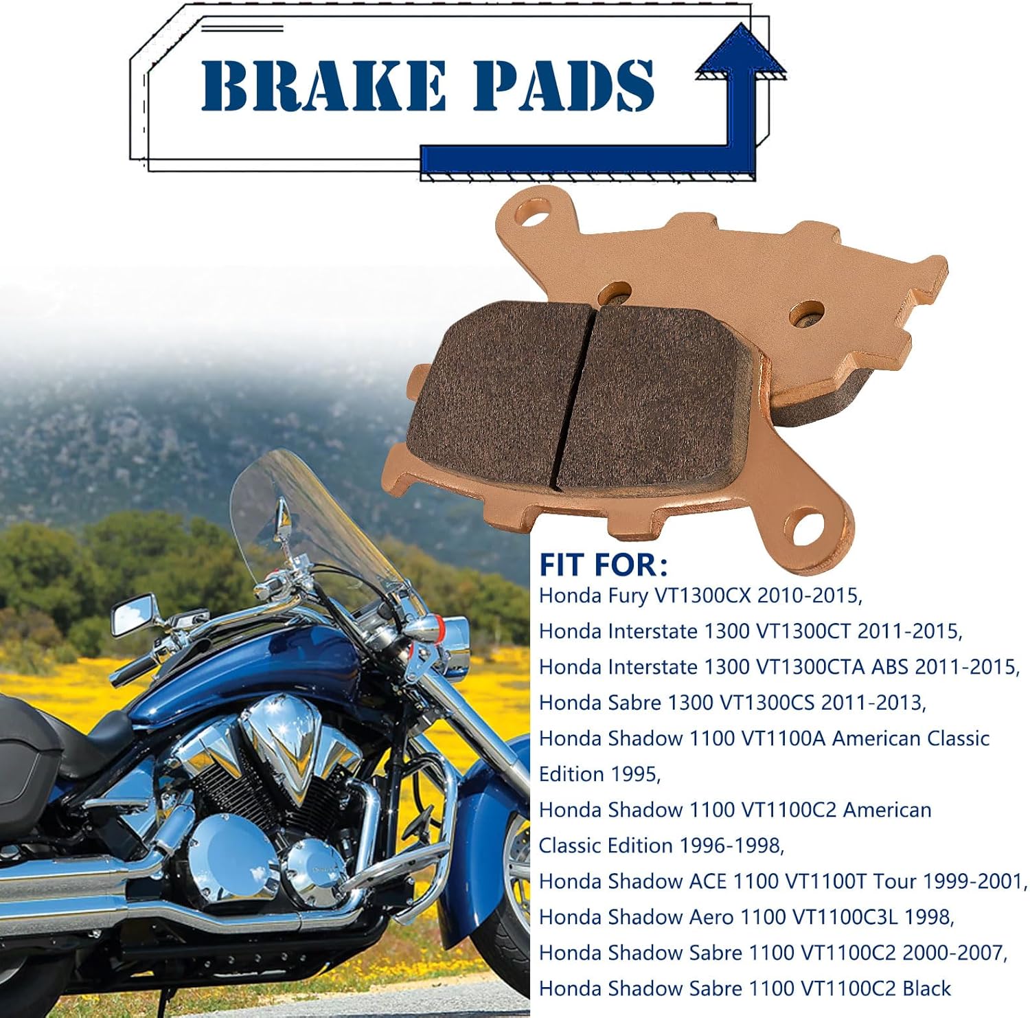 Cyleto Sintered Brake Pads for Honda VTX1300 2004-2011/Shadow 1100/VT1300 CX Fury 2010-2021/VT1300 CR CS Sabre 2010-2014/VT1100C2 ACE Sabre 1995-2007