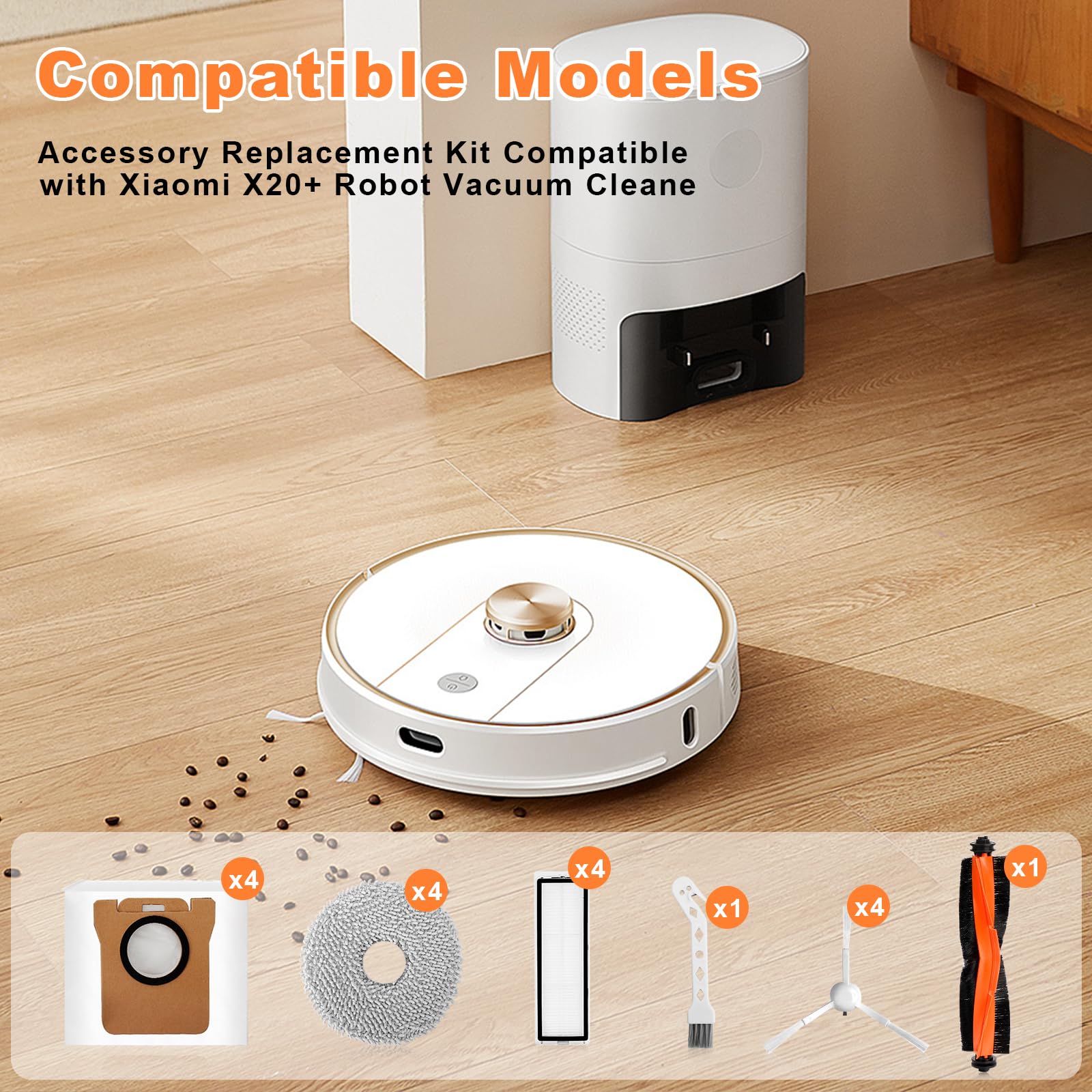 Kit di accessori Compatibile con Xiaomi X20+ Aspirapolvere, 1 Spazzola Principale 4 Spazzole Laterali 4 HEPA Filtro 4 Mop 4 Sacchetti per la polvere Compatibile Xiaomi X20 Accessori di Ricambi